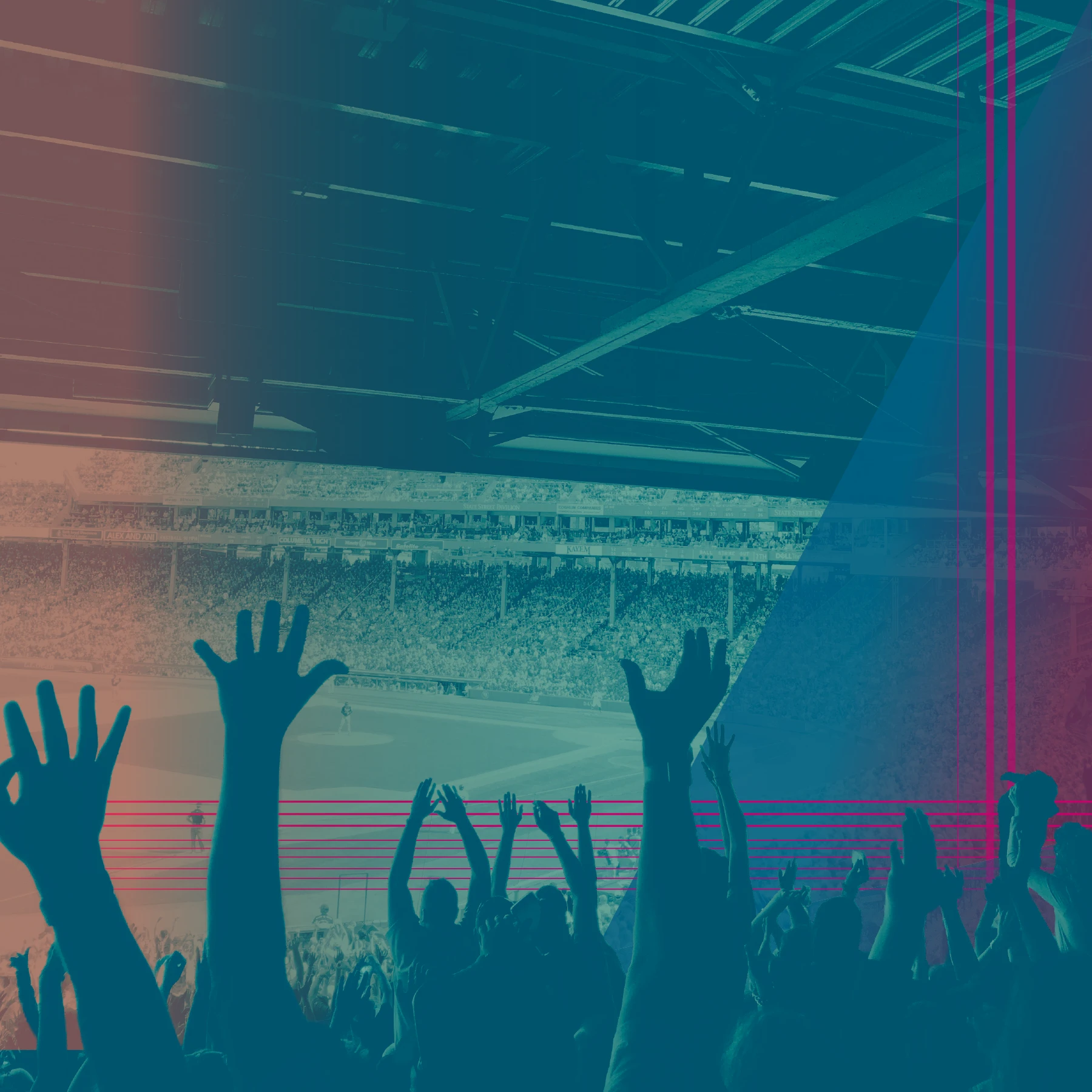 Stylized baseball stadium in blues and greens. 