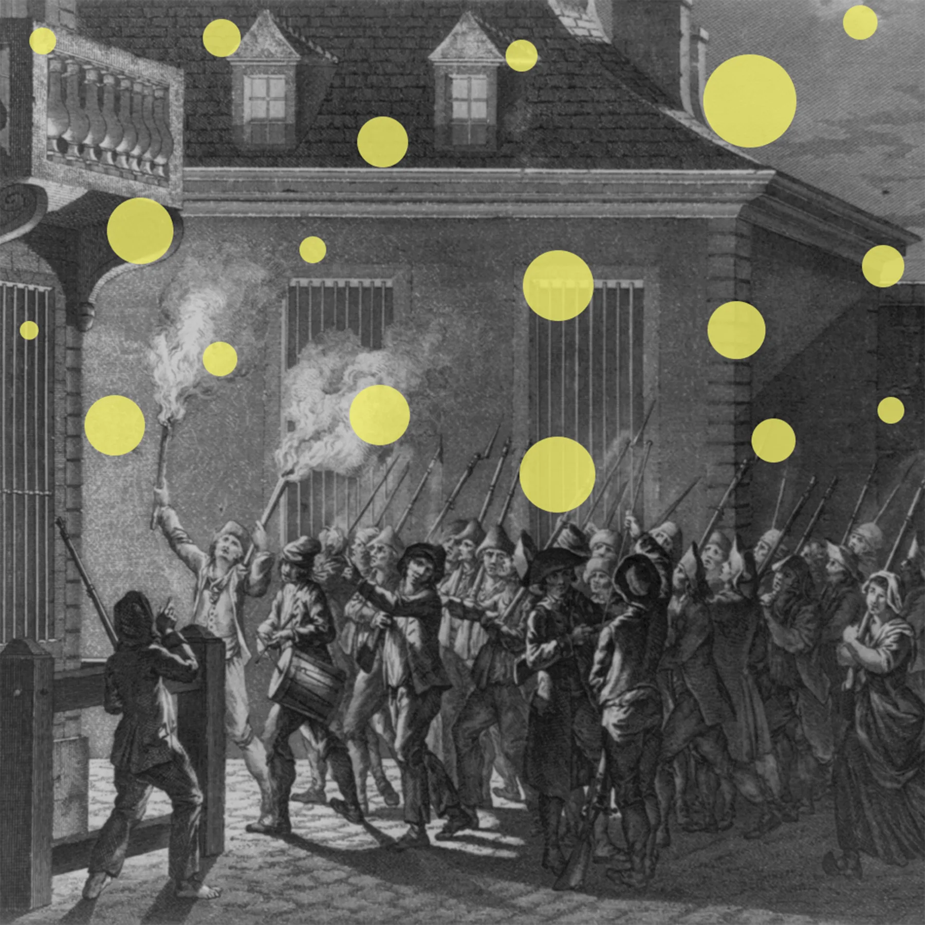 Black and white 18th century etching of people carrying weapons on a cobblestone street, with overlay yellow dots in various sizes.