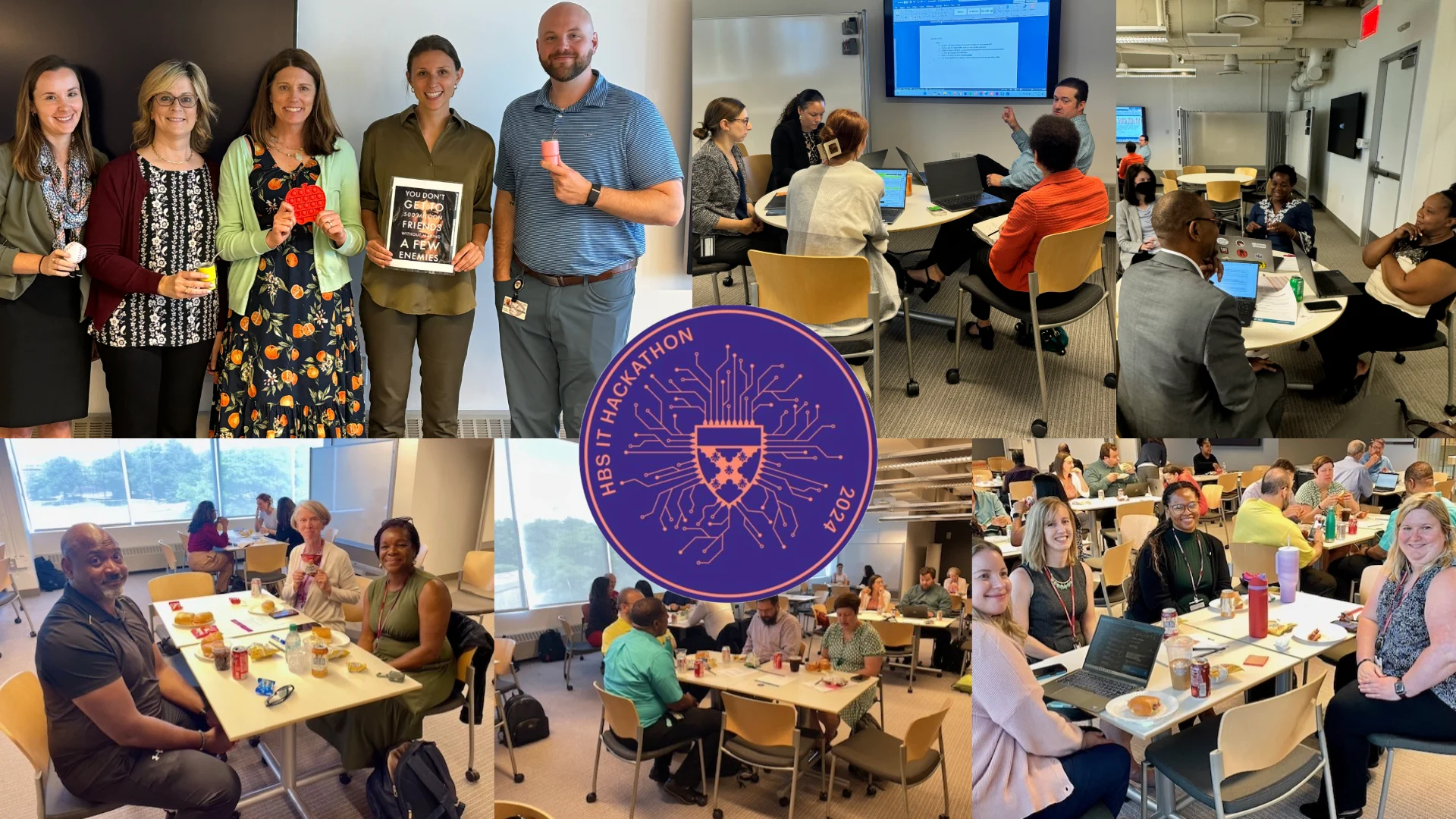 A collage of photos taken of HBS IT staff at the 2024 Hackathon with the logo in the center.