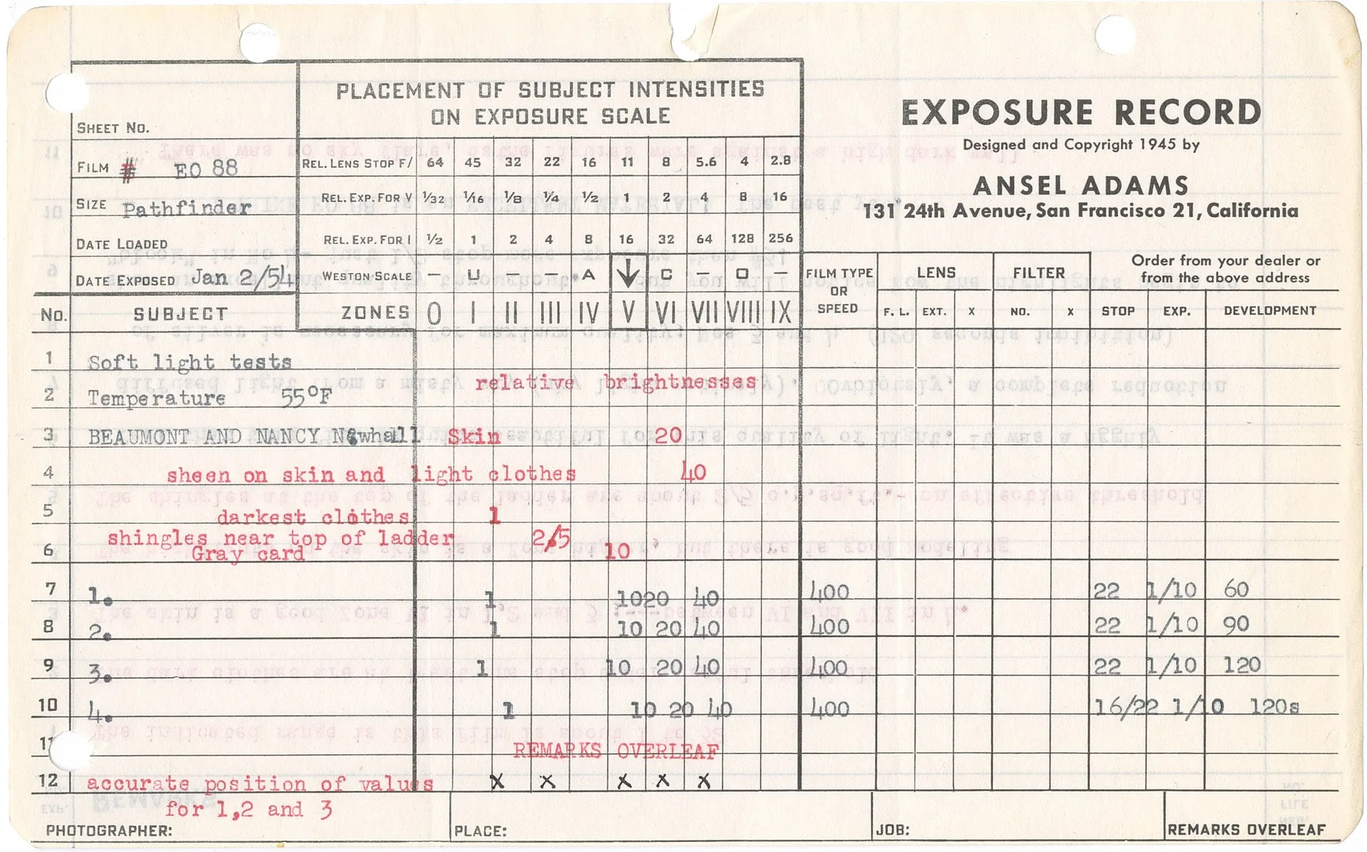 Exposure record for test photographs of Beaumont and Nancy Newhall