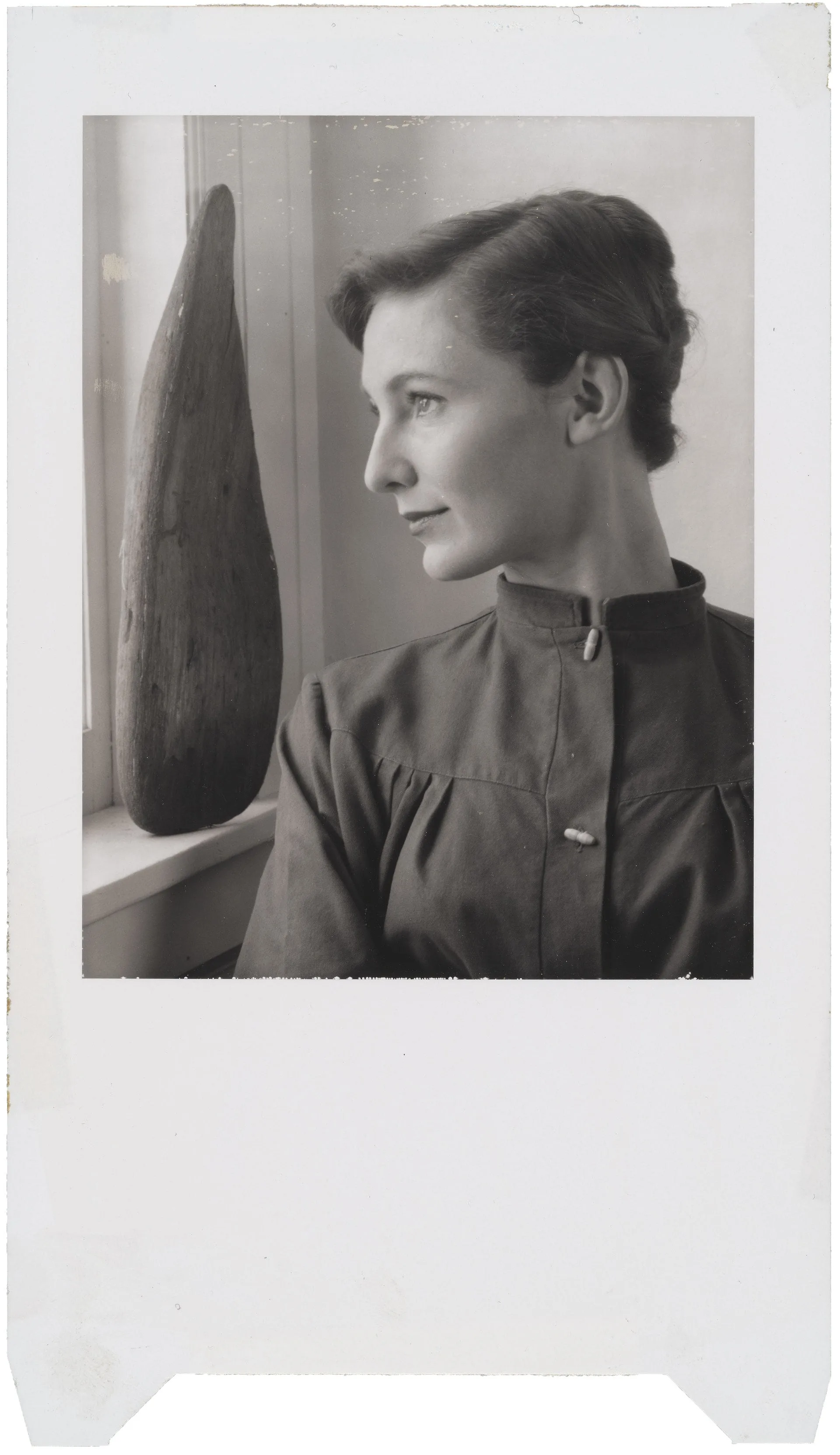 Julia Orynski with sculpture on windowsill, test photograph by Ansel Adams