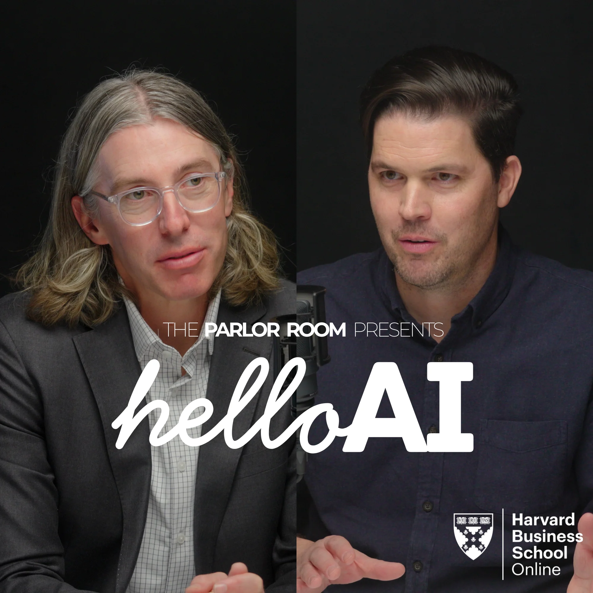 Professor Jake Cook speaks with Harvard Business School Online Creative Director Chris Linnane during an episode of The Parlor Room Presents: Hello AI.