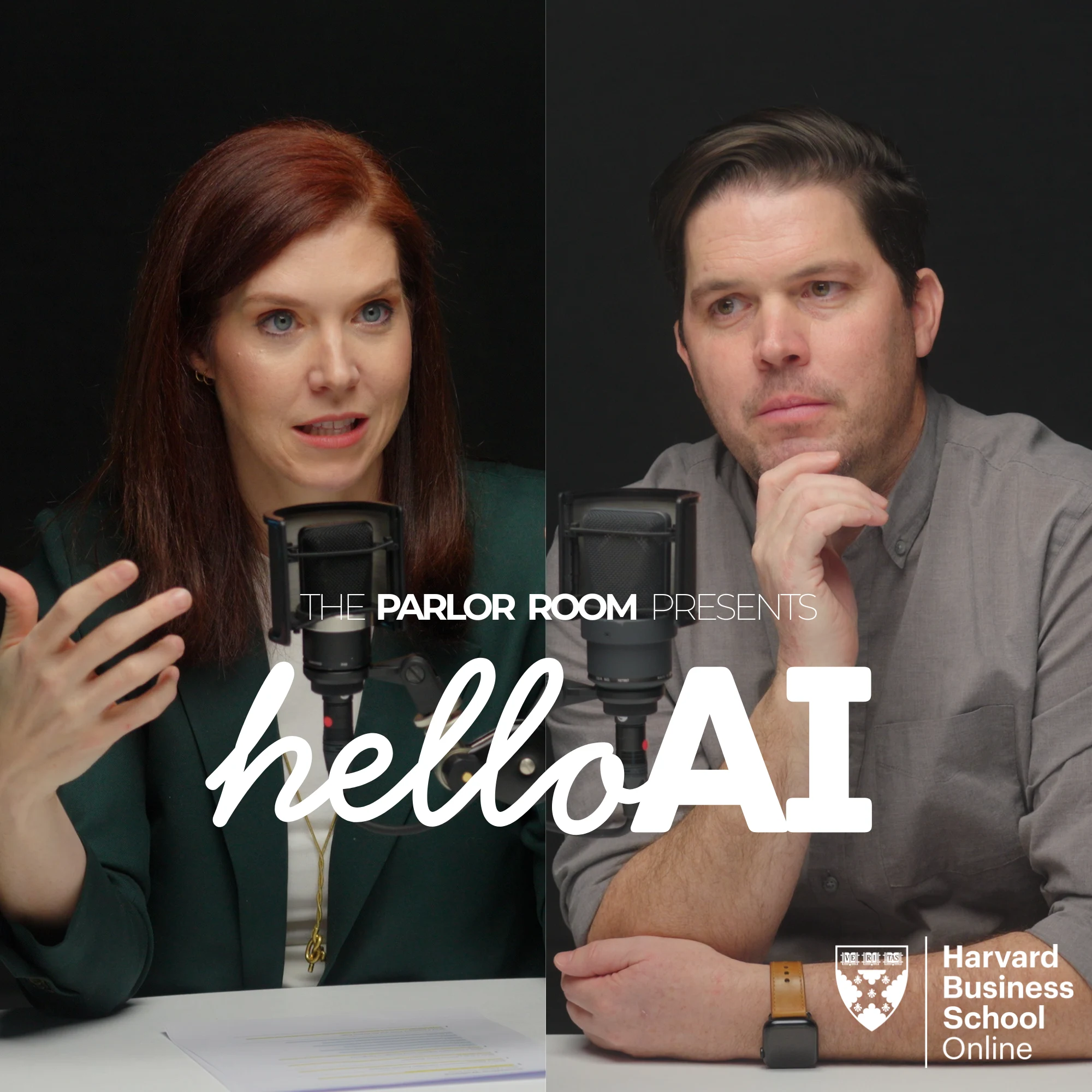 Promotional image for The Parlor Room Presents: Hello AI featuring Christina Wallace and Chris Linnane with microphones.