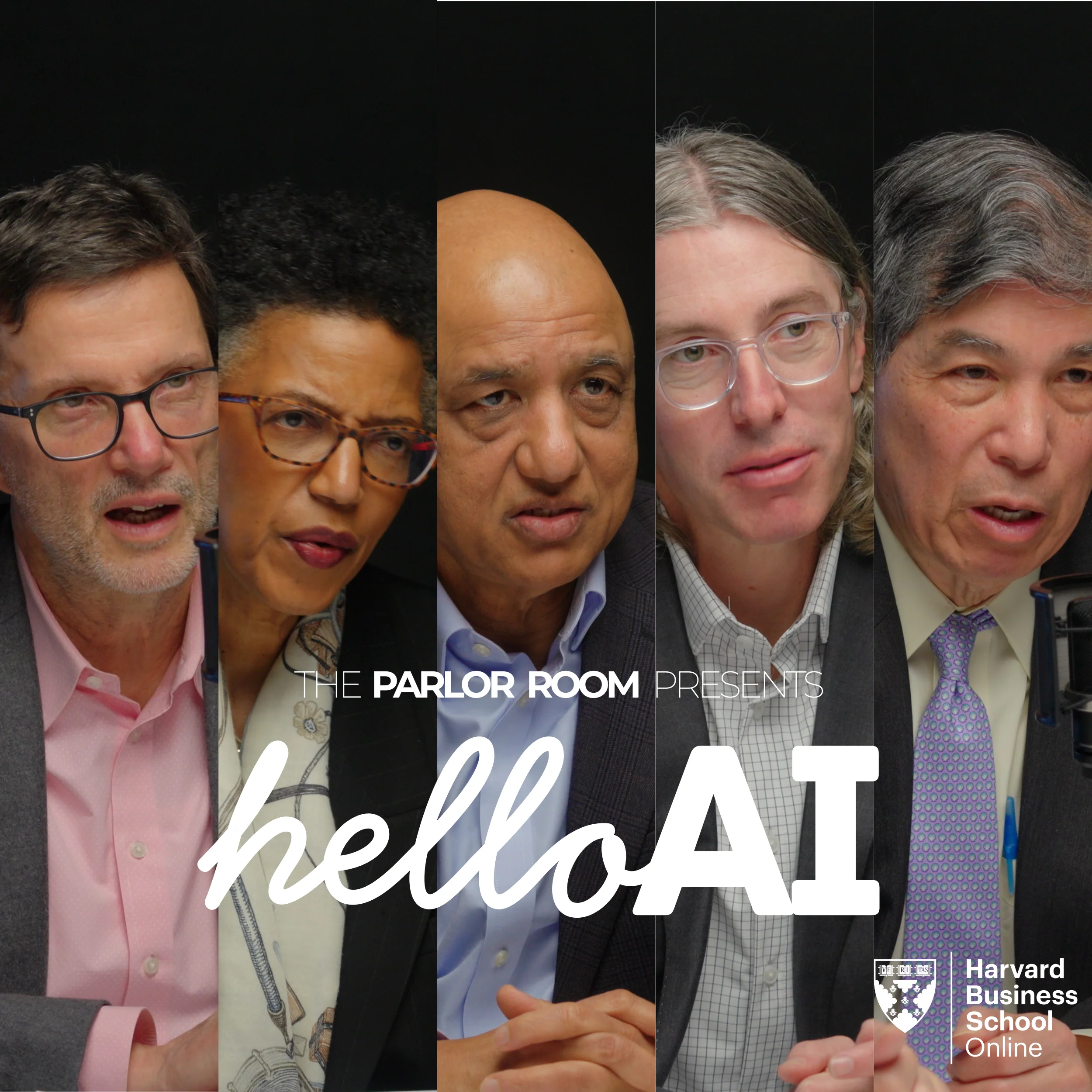 Split-panel image showing five Harvard Business School faculty members in conversation, with overlay text “The Parlor Room Presents: Hello AI” and Harvard Business School Online branding.