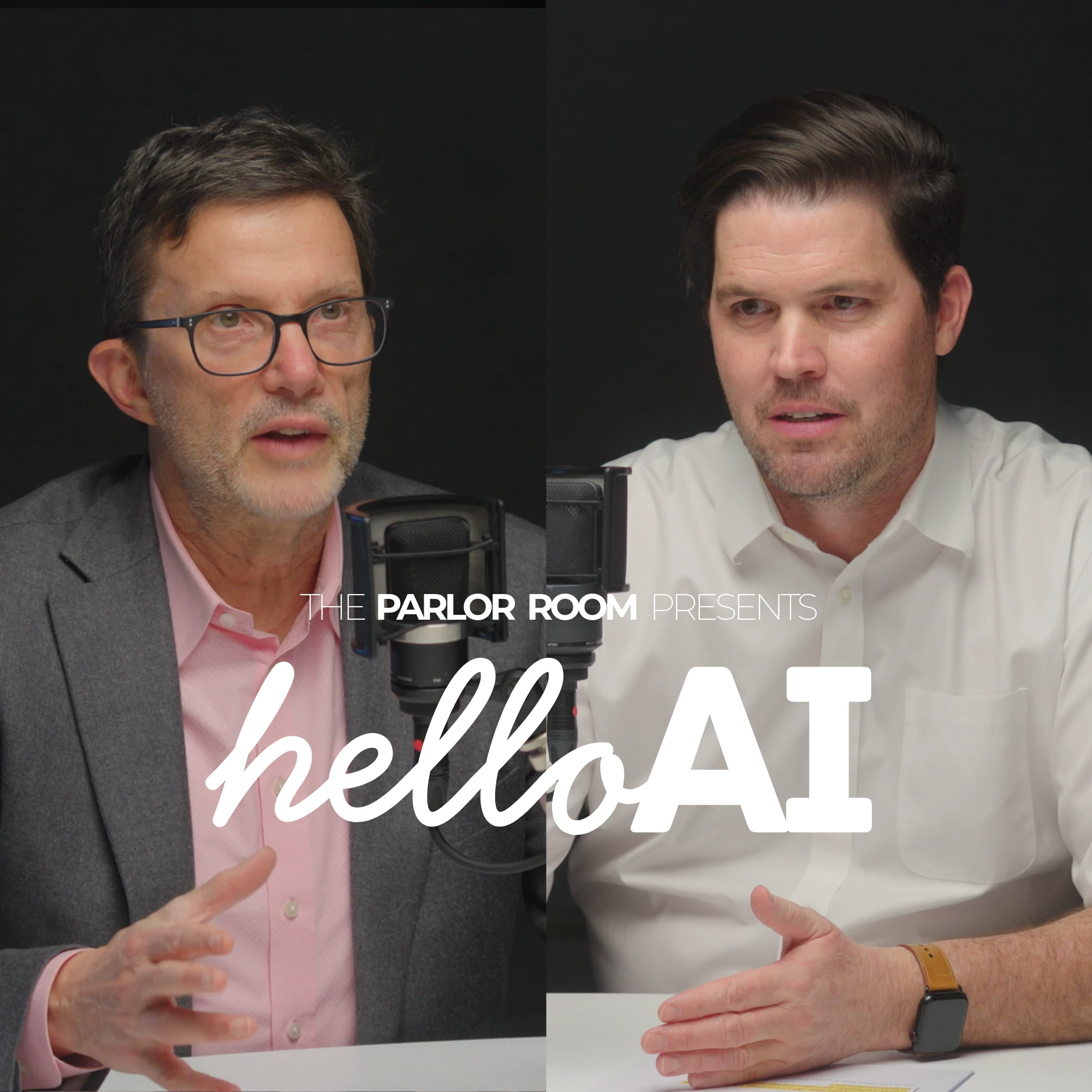 Harvard Business School Professor Felix Oberholzer-Gee and HBS Online Creative Director Chris Linnane recording a Hello AI podcast episode about AI, productivity, jobs, and the future of work.