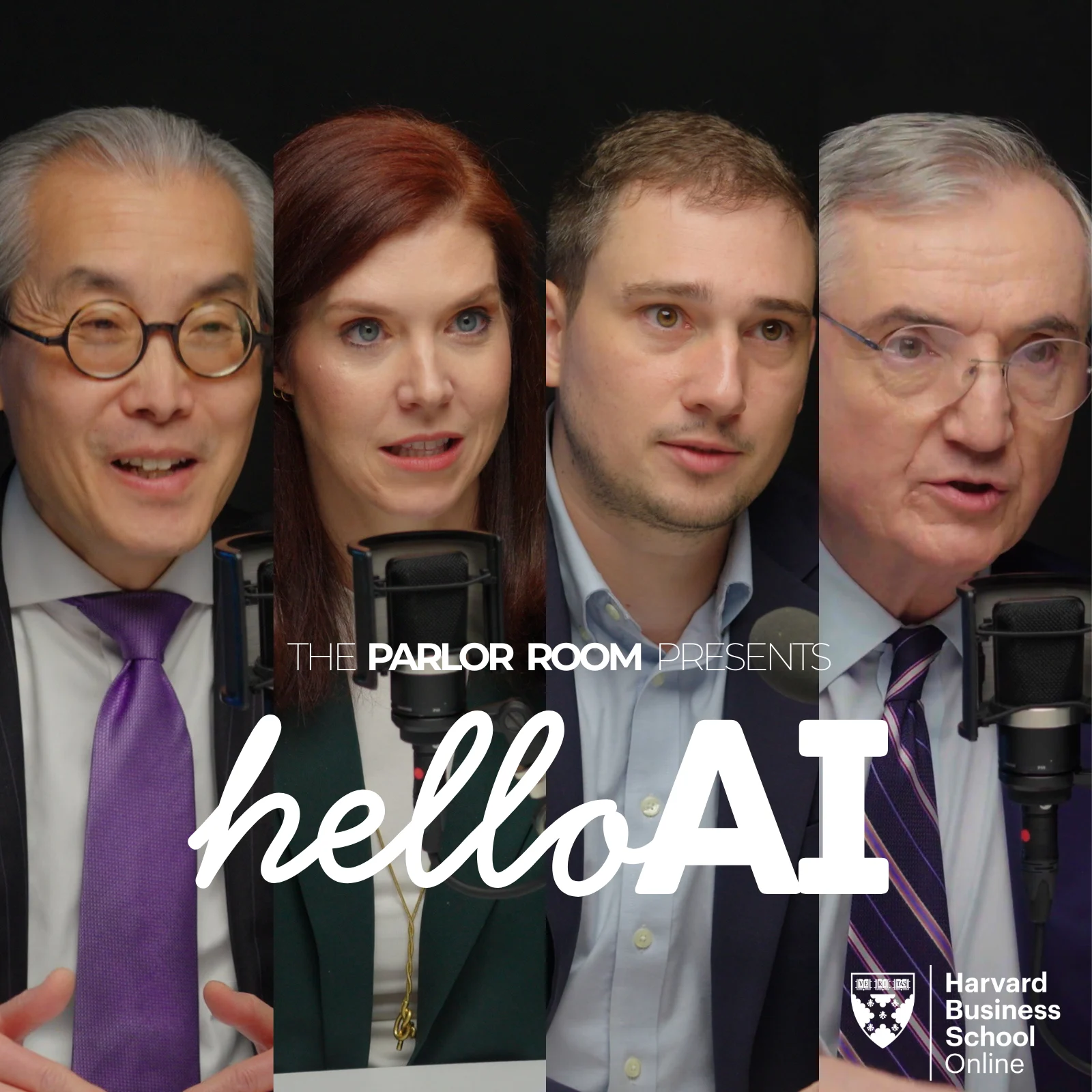 Split-panel image showing five Harvard Business School faculty members in conversation, with overlay text “The Parlor Room Presents: Hello AI” and Harvard Business School Online branding.