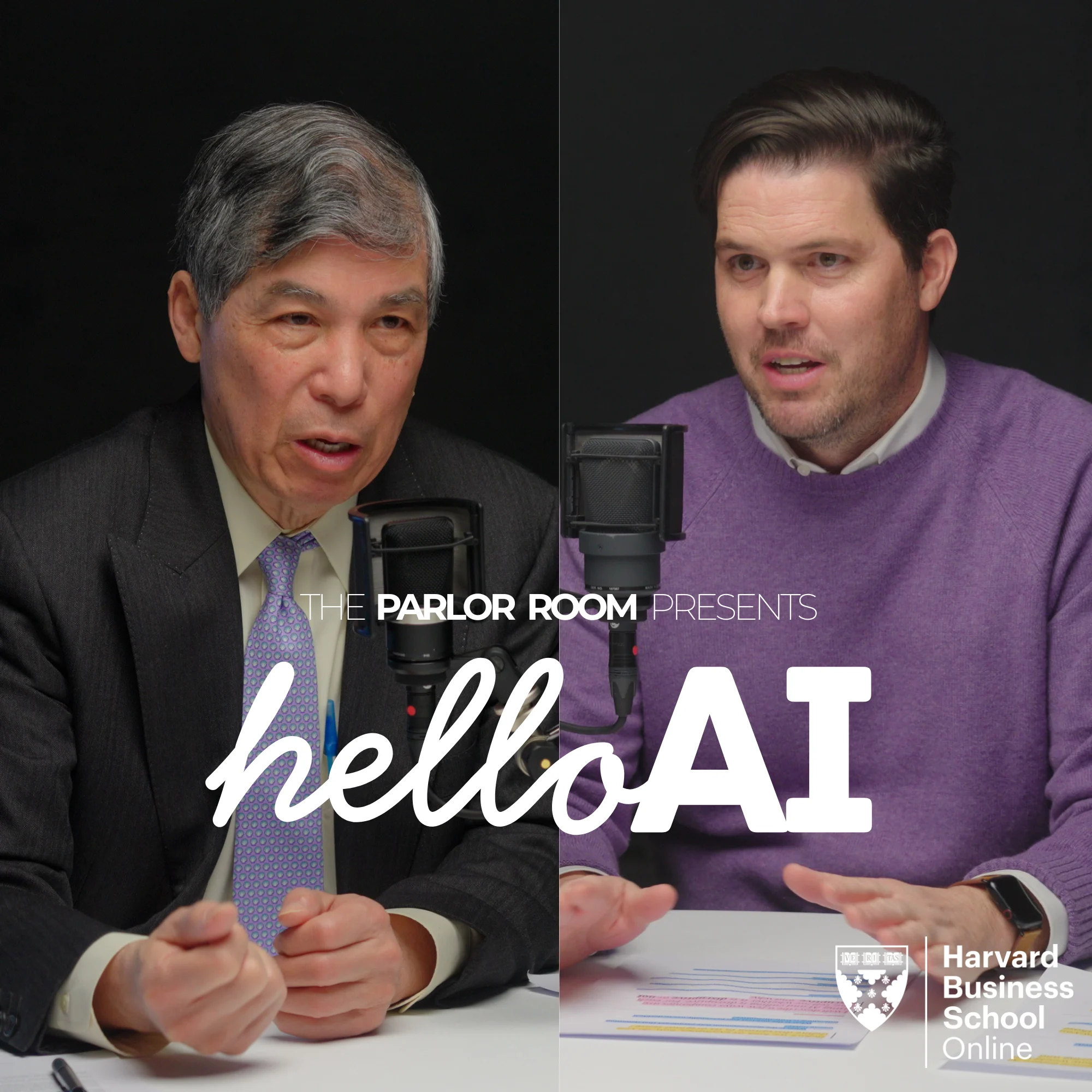 Split-screen of HBS Professor Willy Shih and host Chris Linnane speaking into microphones in a podcast studio.