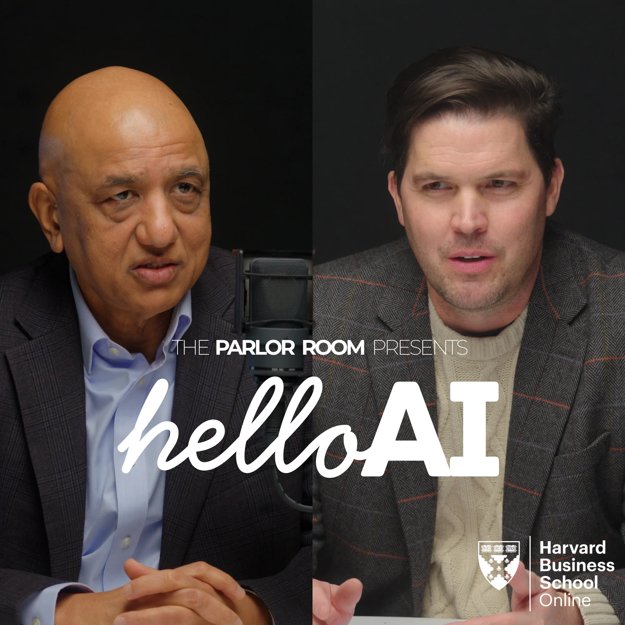 Sunil Gupta and Chris Linnane sit across from each other in a podcast studio, speaking into microphones. Text on the screen is “The Parlor Room Presents: Hello AI” alongside the Harvard Business School Online logo.