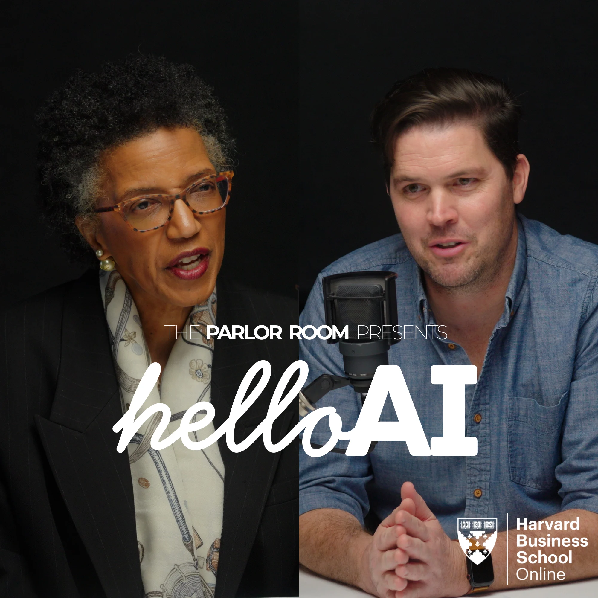 Podcast split-screen: Linda Hill speaking on the left, host Chris Linnane speaking into a microphone on the right, with “Hello AI” title and Harvard Business School Online logo.
