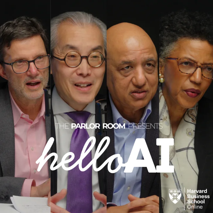 Split-screen of Harvard Business School Professors during a recording of The Parlor Room Presents: Hello AI.