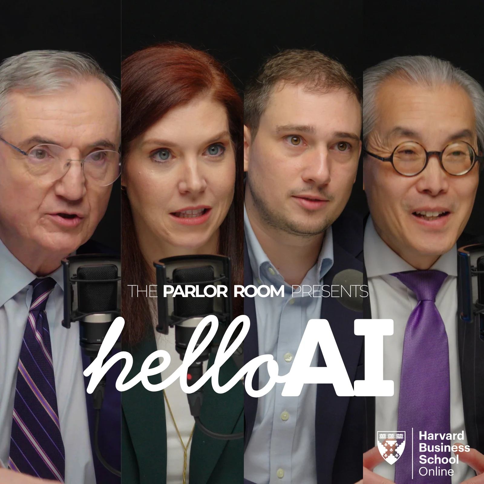 Split-panel image showing five Harvard Business School faculty members in conversation, with overlay text “The Parlor Room Presents: Hello AI” and Harvard Business School Online branding.