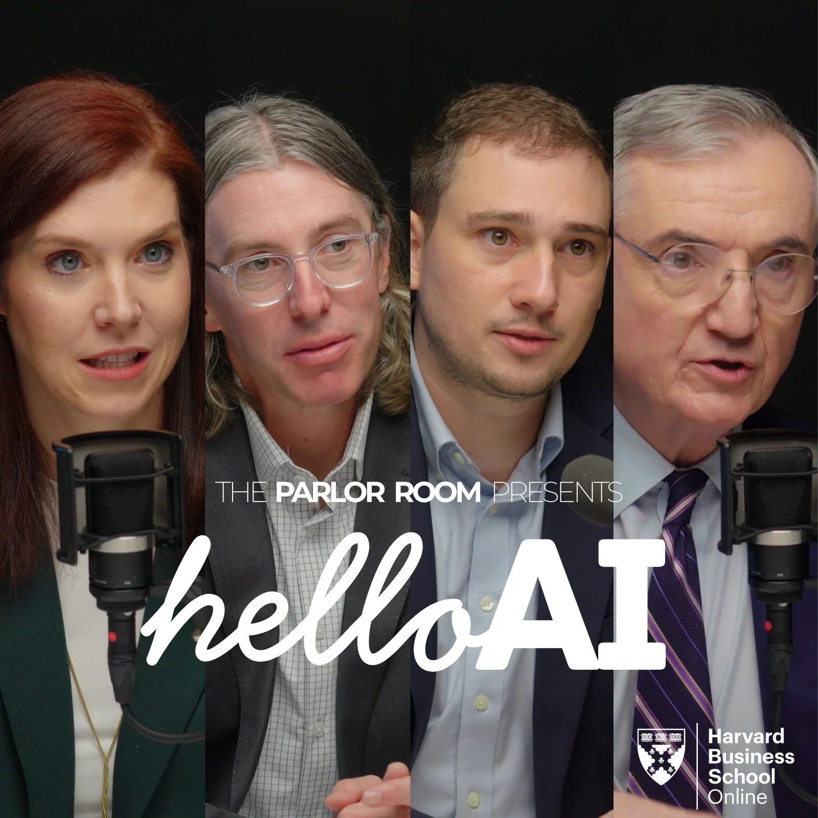 Split-screen of Harvard Business School Professors during a recording of The Parlor Room Presents: Hello AI.