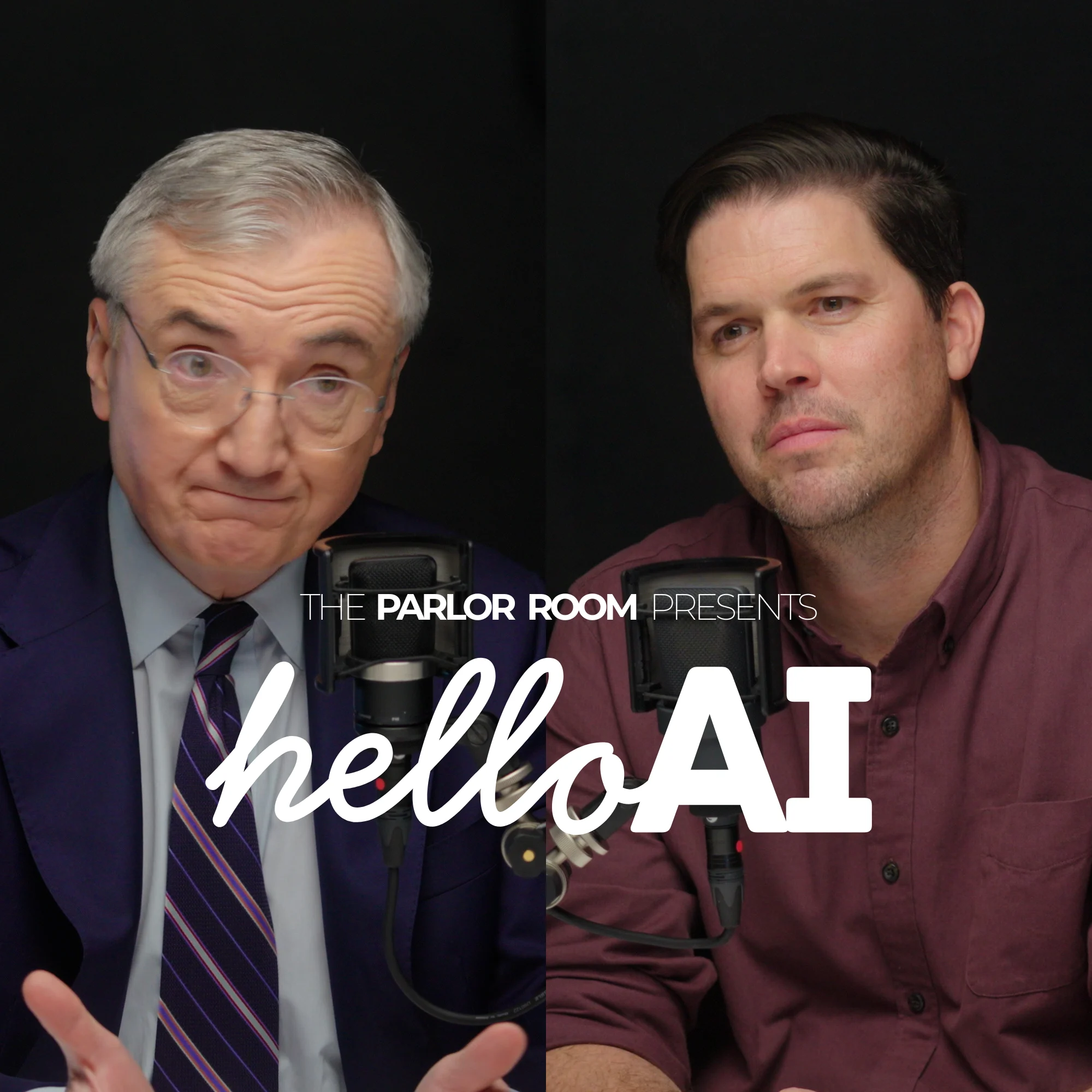 Split-screen of Harvard Business School Professor Joe Fuller and host Chris Linnane speaking into microphones during a recording of The Parlor Room Presents: Hello, AI.