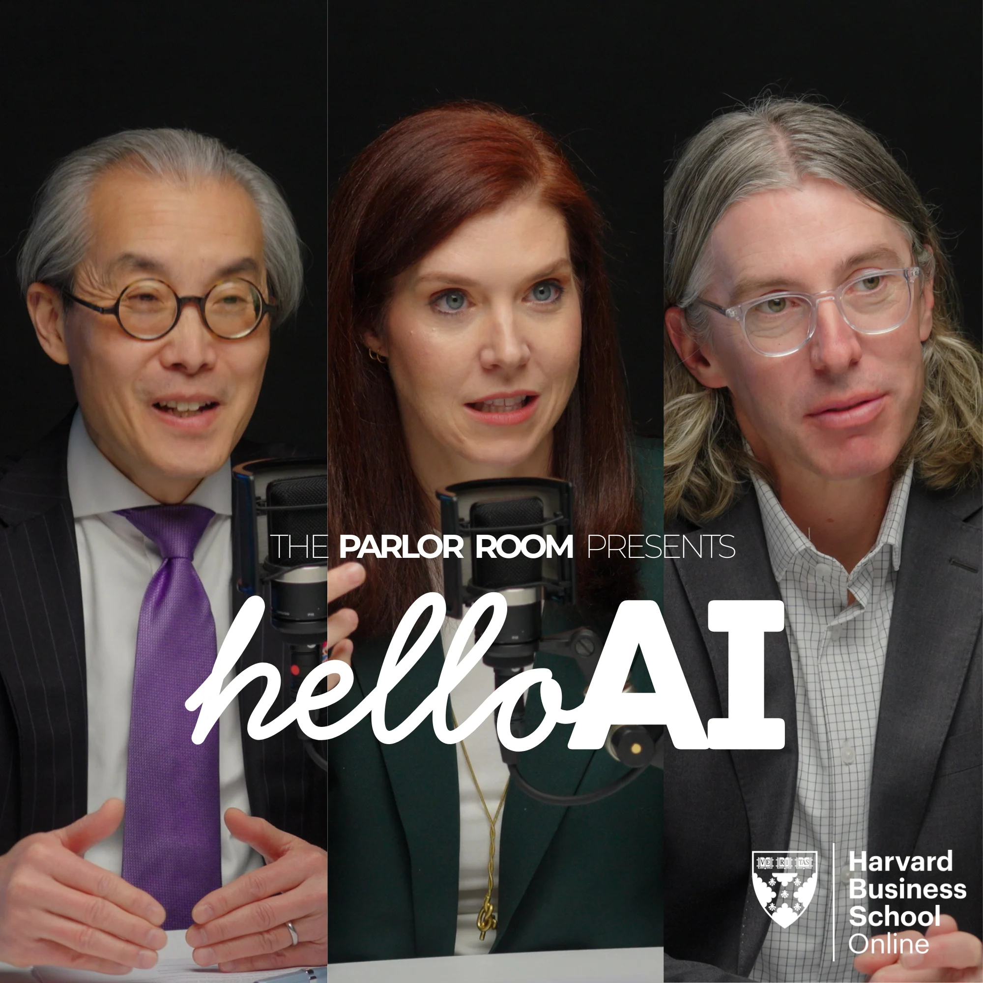 Split-panel image showing three Harvard Business School faculty members in conversation, with overlay text “The Parlor Room Presents: Hello AI” and Harvard Business School Online branding.