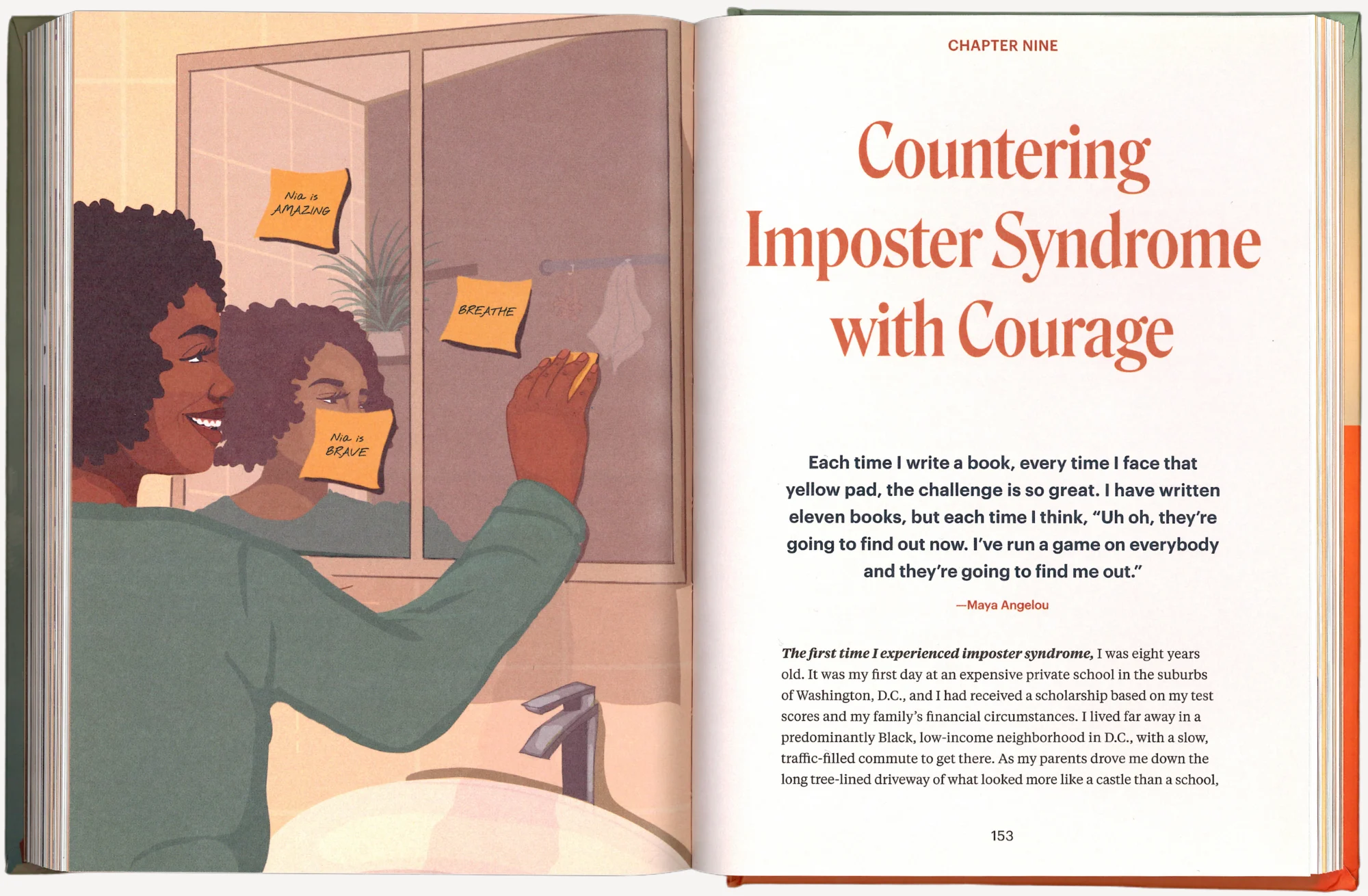 A Black woman with natural hair wearing a green sweater putting post-it notes on the bathroom mirror while smiling
