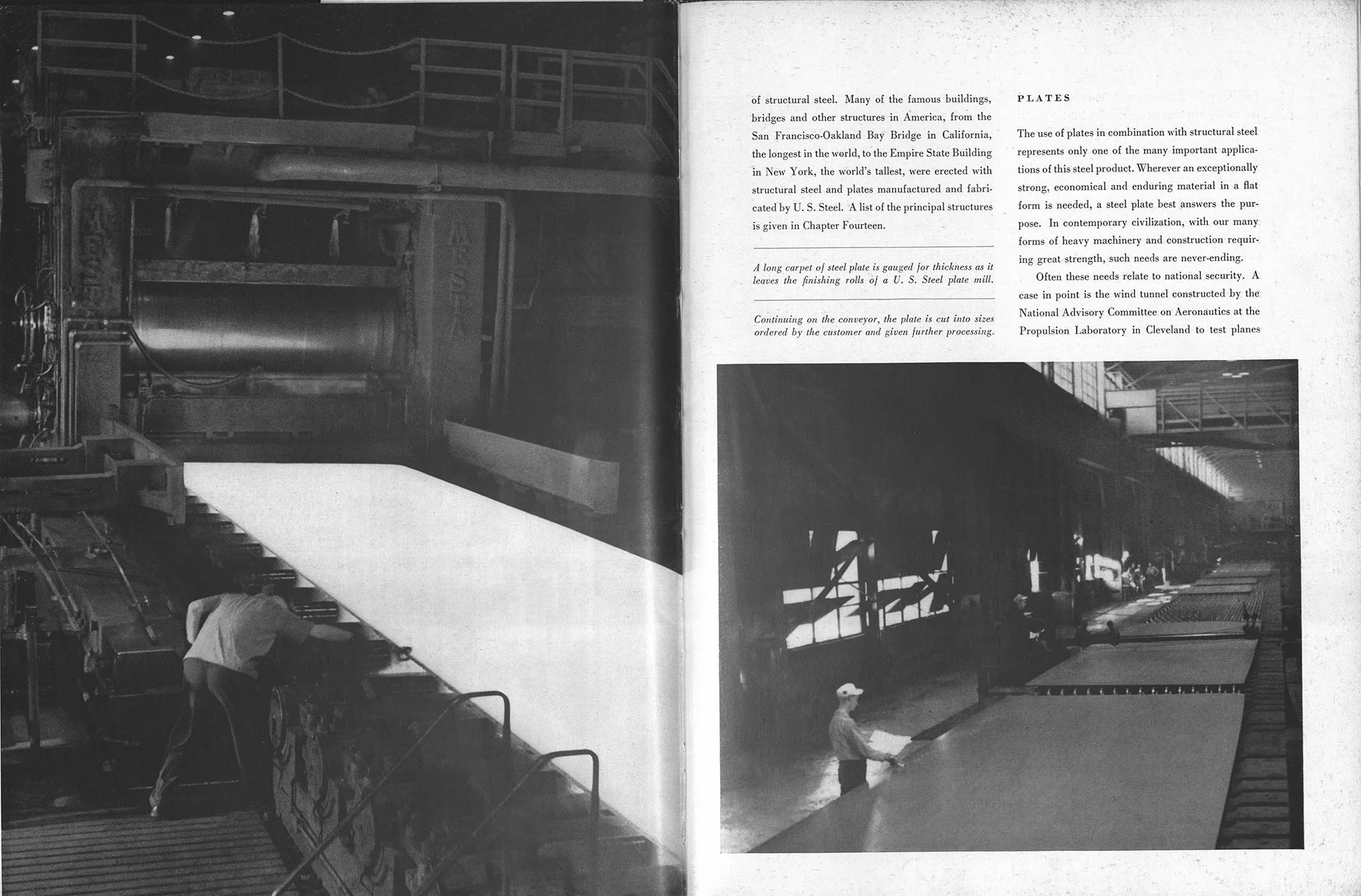 teel plate moves through massive finishing rolls and along a conveyor where workers inspect and prepare it for sizing.