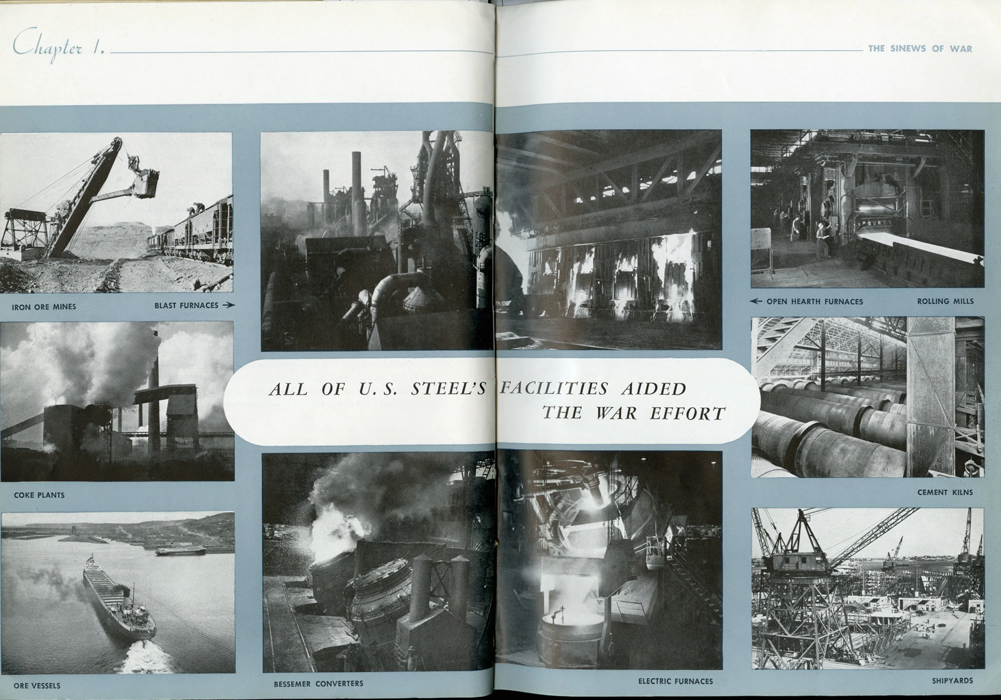 Collage of U.S. Steel operations—mines, furnaces, mills, kilns, and shipyards—supporting wartime industrial production.