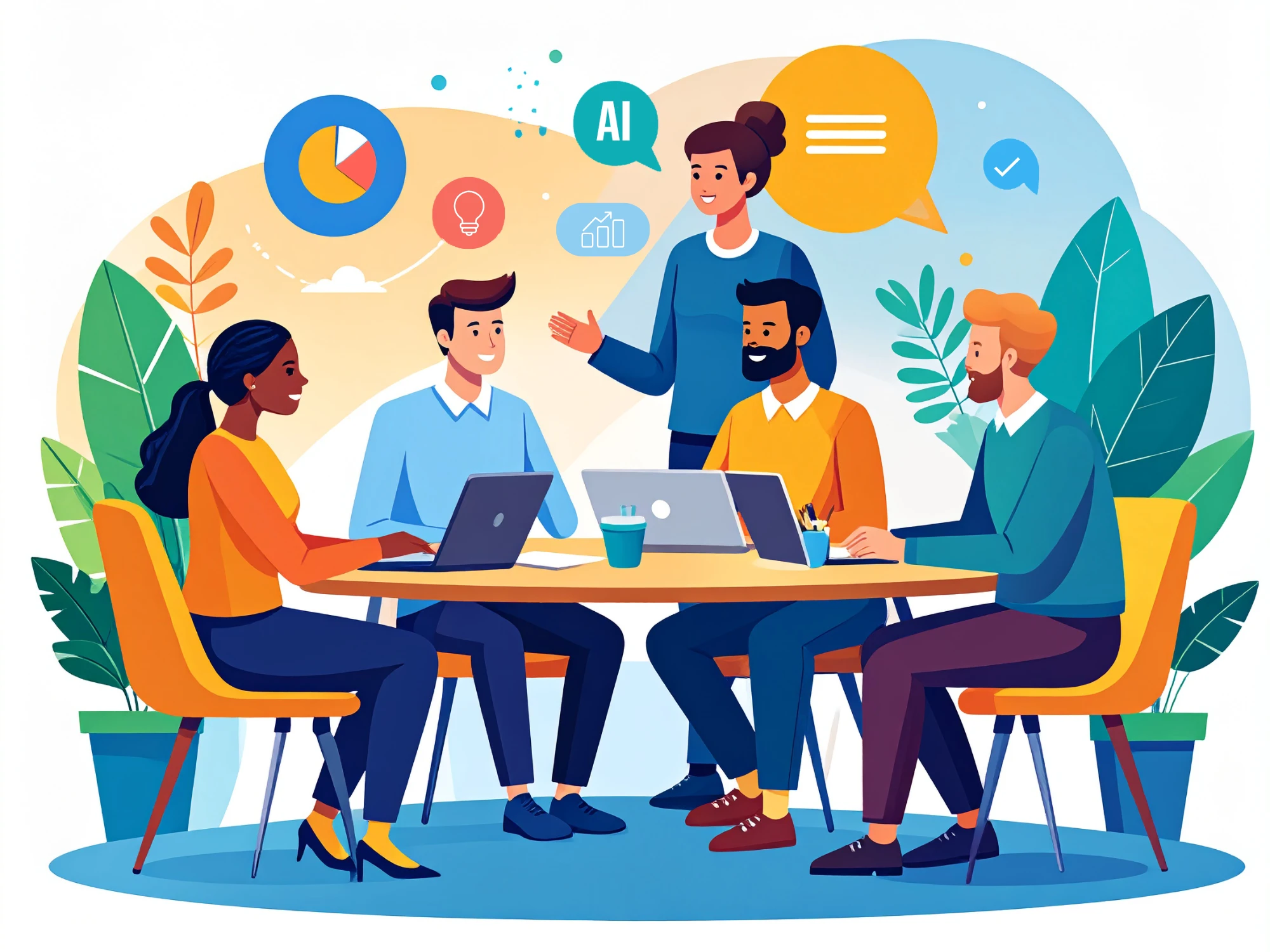 Illustration created in ChatGPT showing workers on computers and at whiteboards collaborating on ideas related to AI