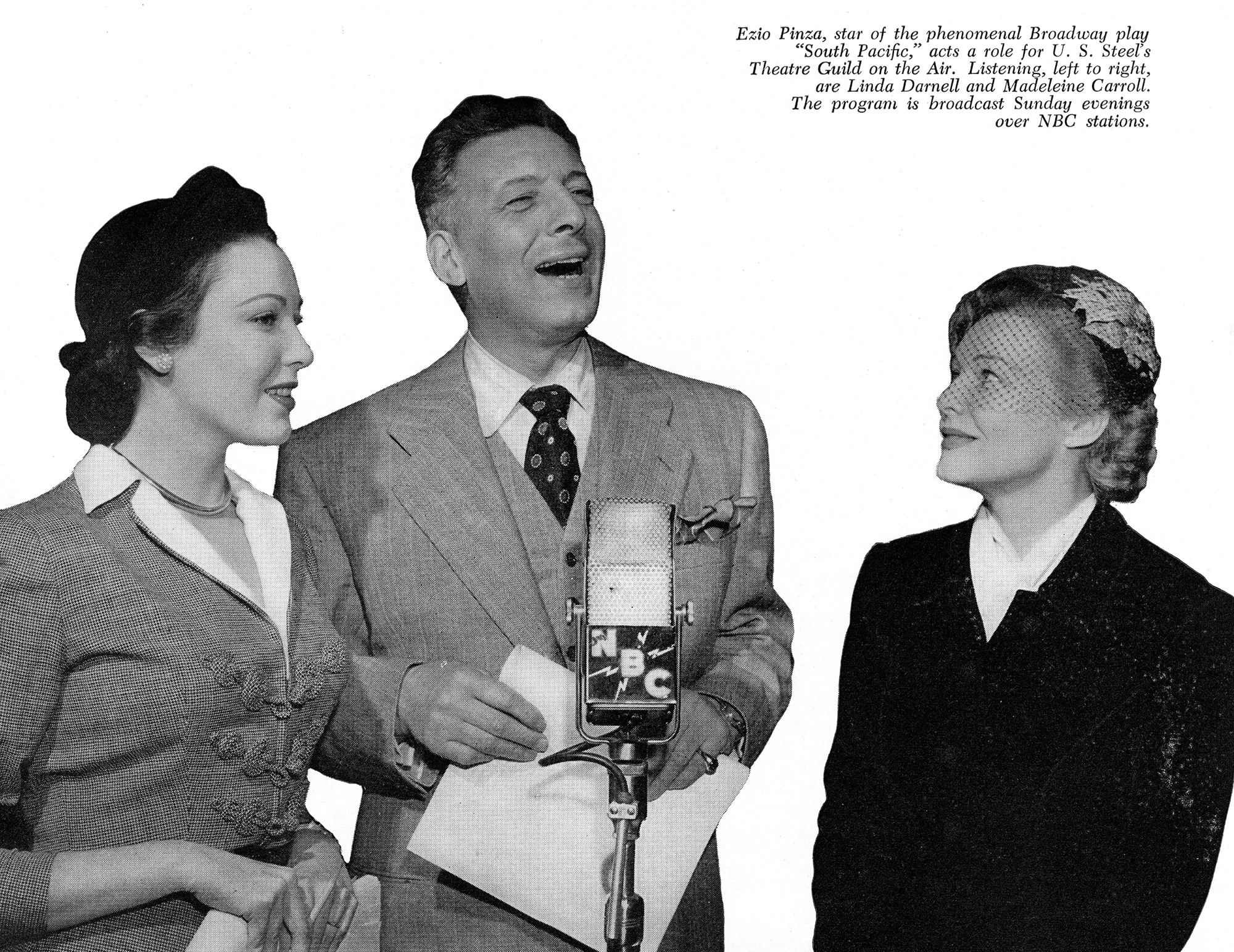 Three actors stand at an NBC microphone for U.S. Steel’s “Theatre Guild on the Air” radio broadcast, holding scripts and smiling.