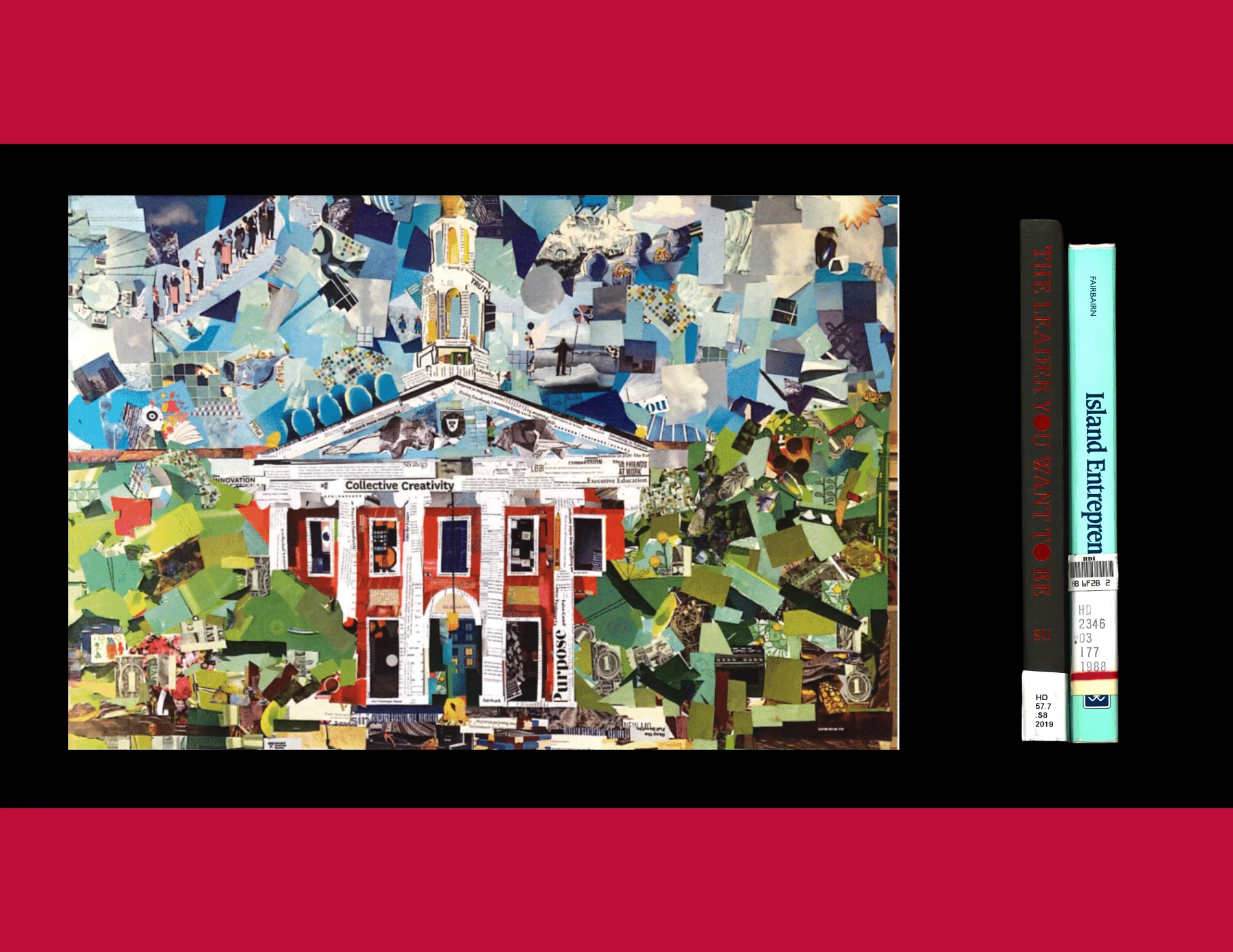A collage of Baker Library next to two books.