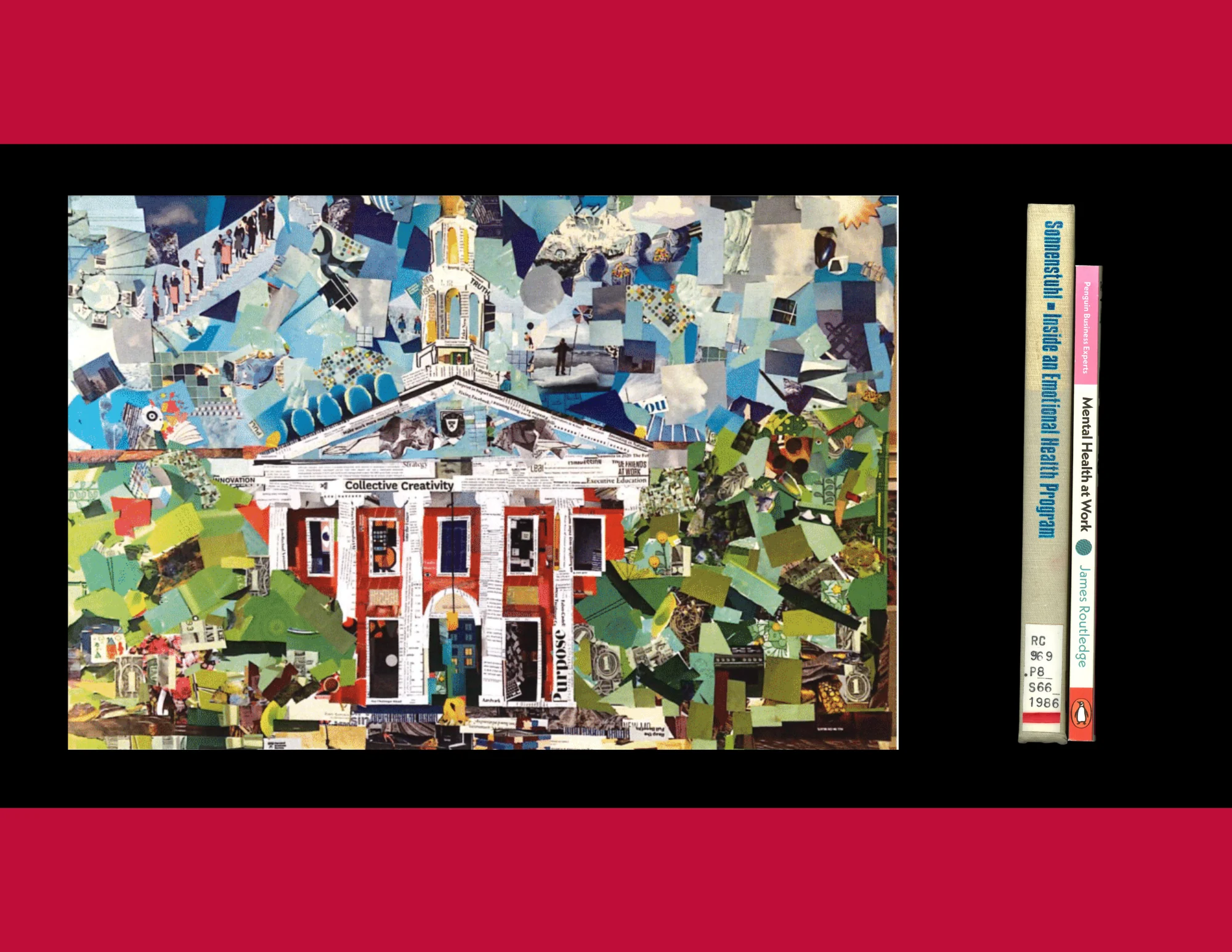 A collage of Baker Library next to two books.