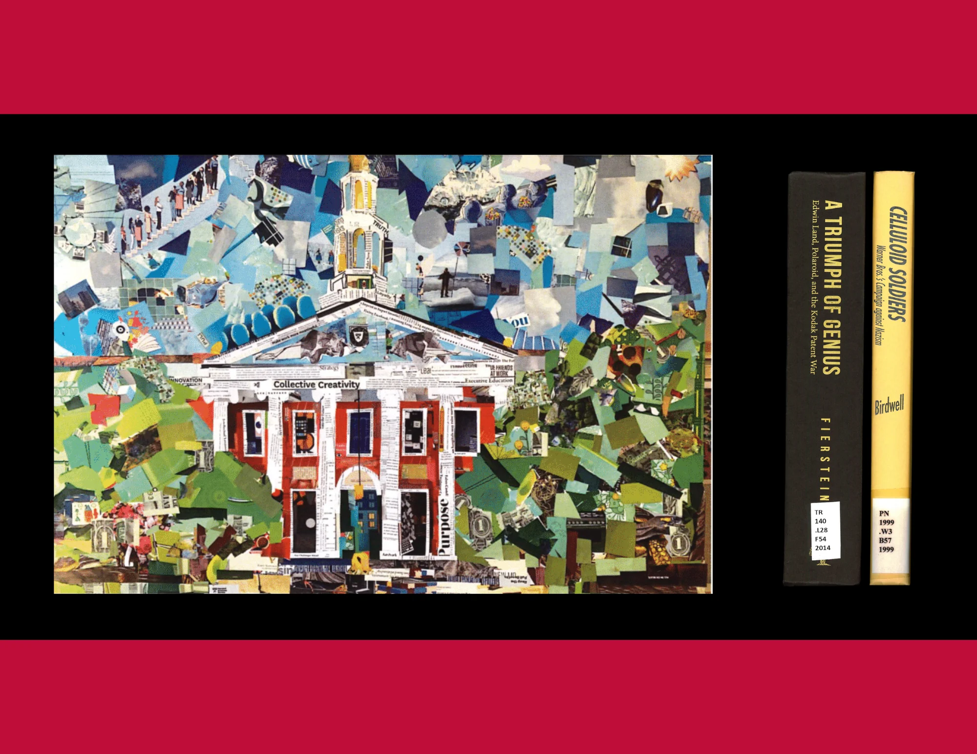 A collage of Baker Library next to two books.
