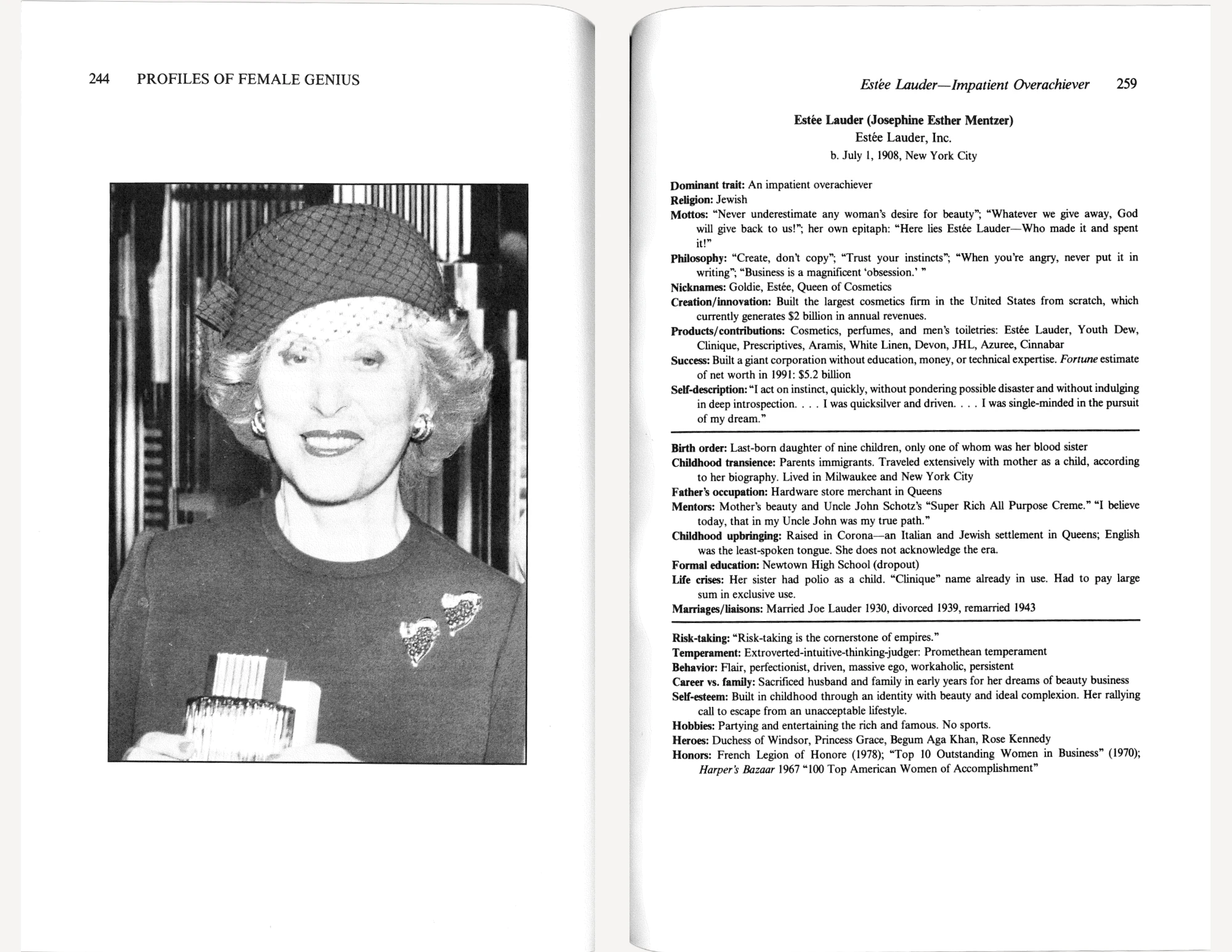 Estee Lauder smiling with a hat on and holding a cosmetic product. A summary of her life is next to her.