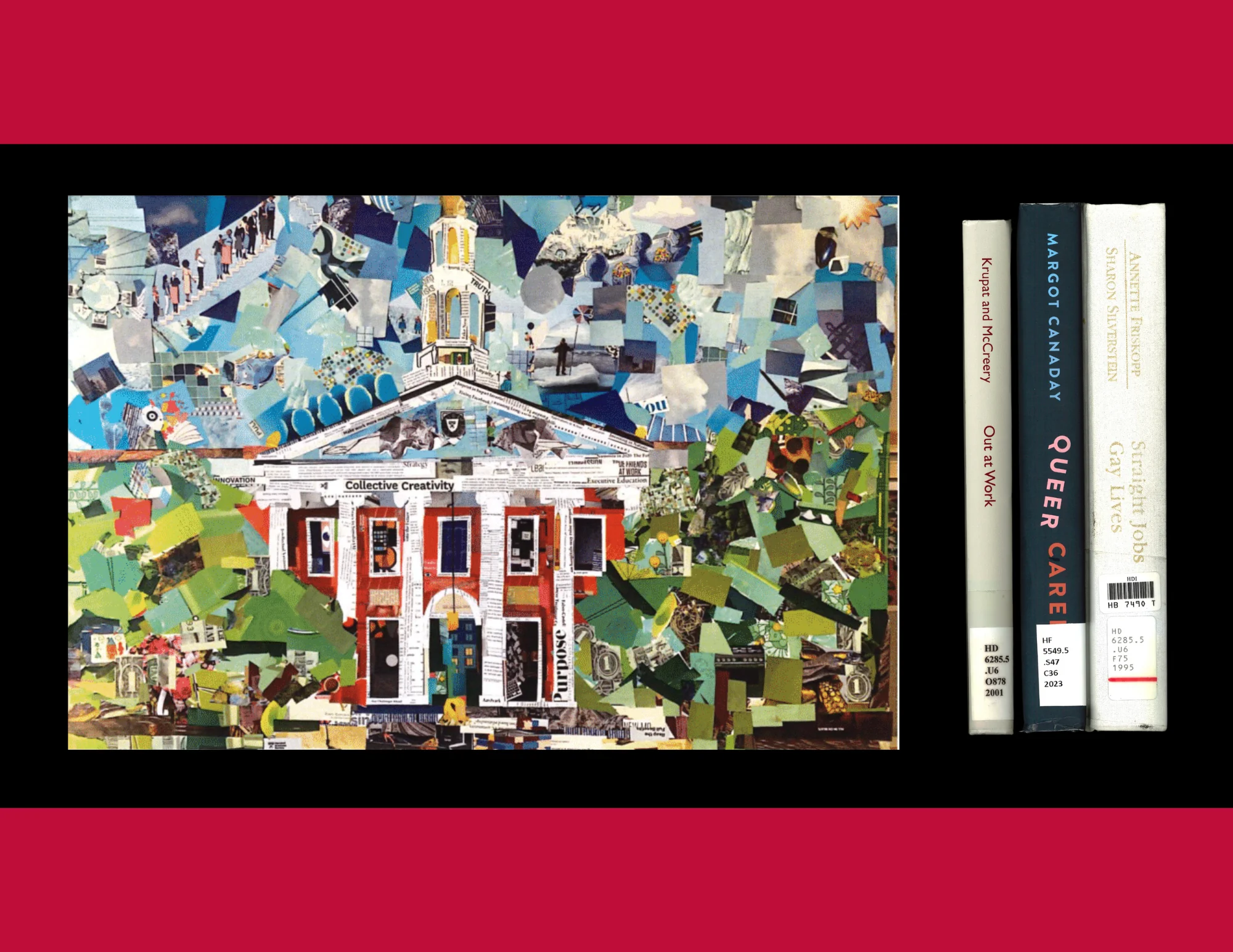 A collage of Baker Library's facade next to the spine of three books.