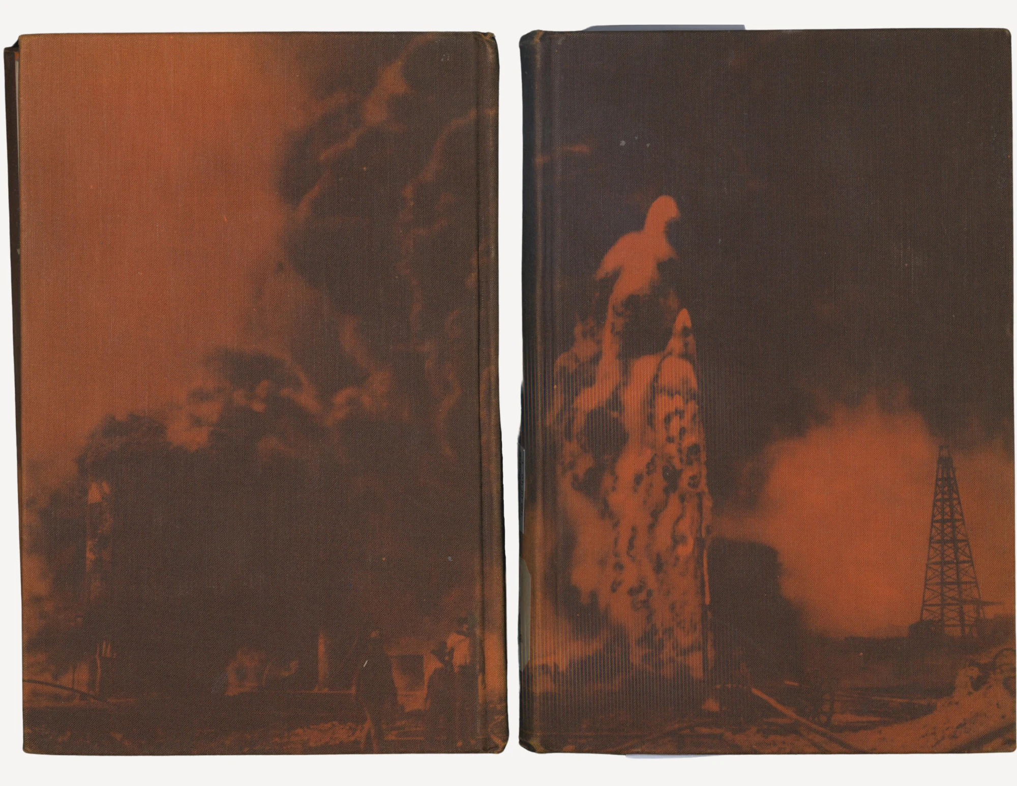 The bound front and back covers of Spindletop. The images on the covers make a rust red outline of an oil rig and smoke.