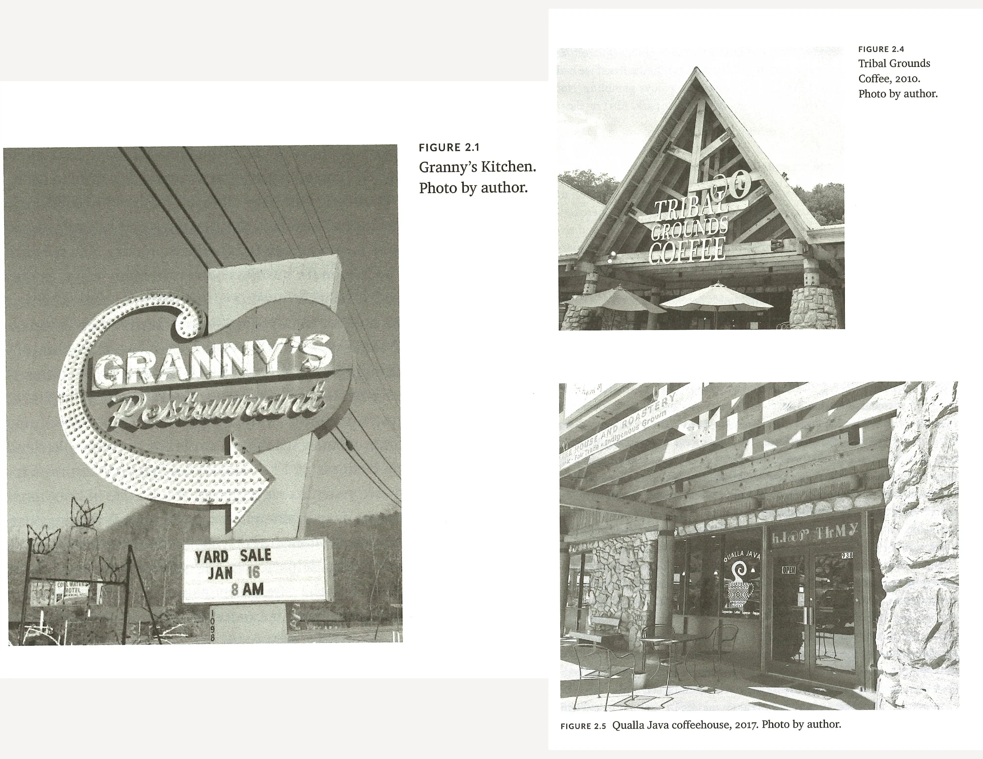 The signs and storefronts of different small businesses, including coffe shops and a restaurant.