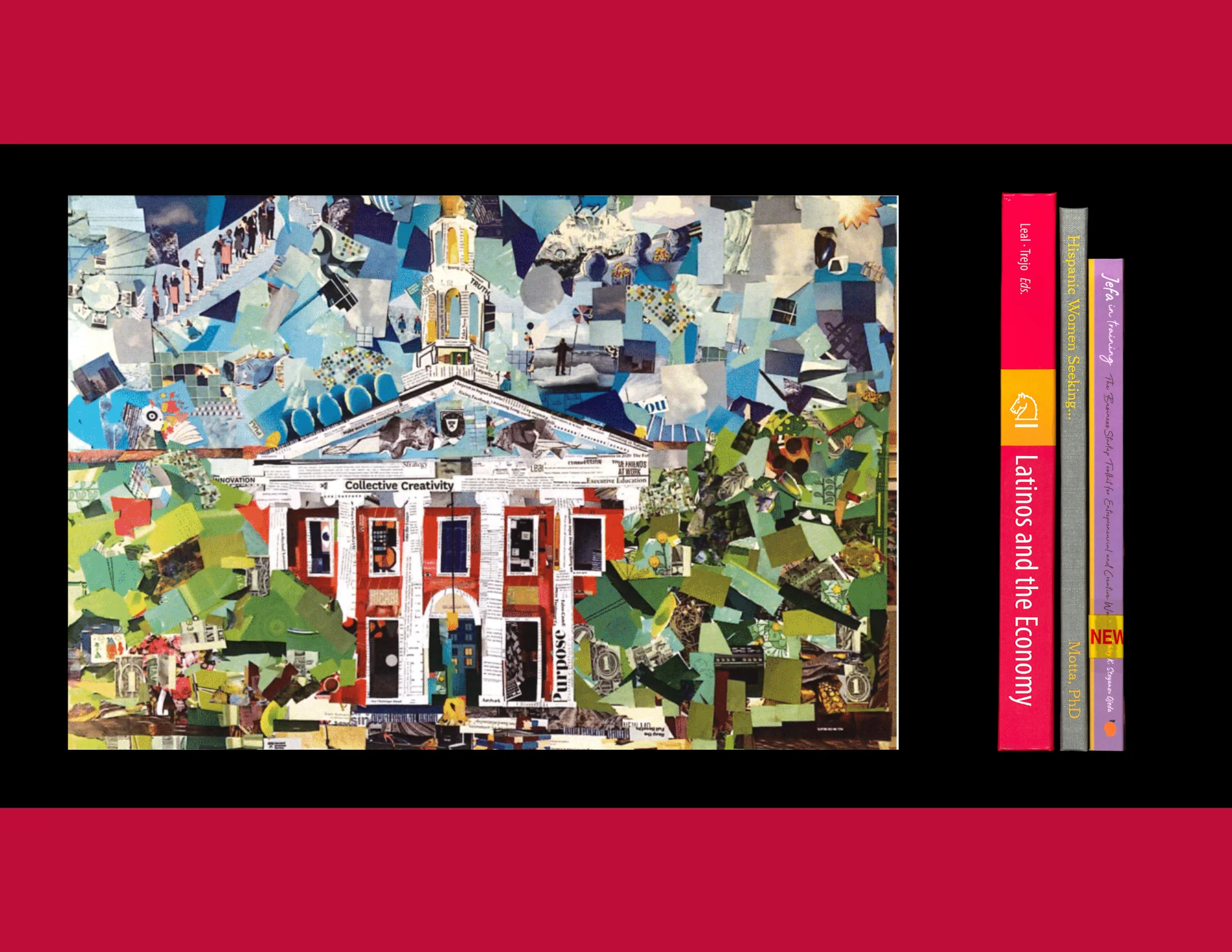 A collage of Baker Library's facade next to the spines of 3 books.