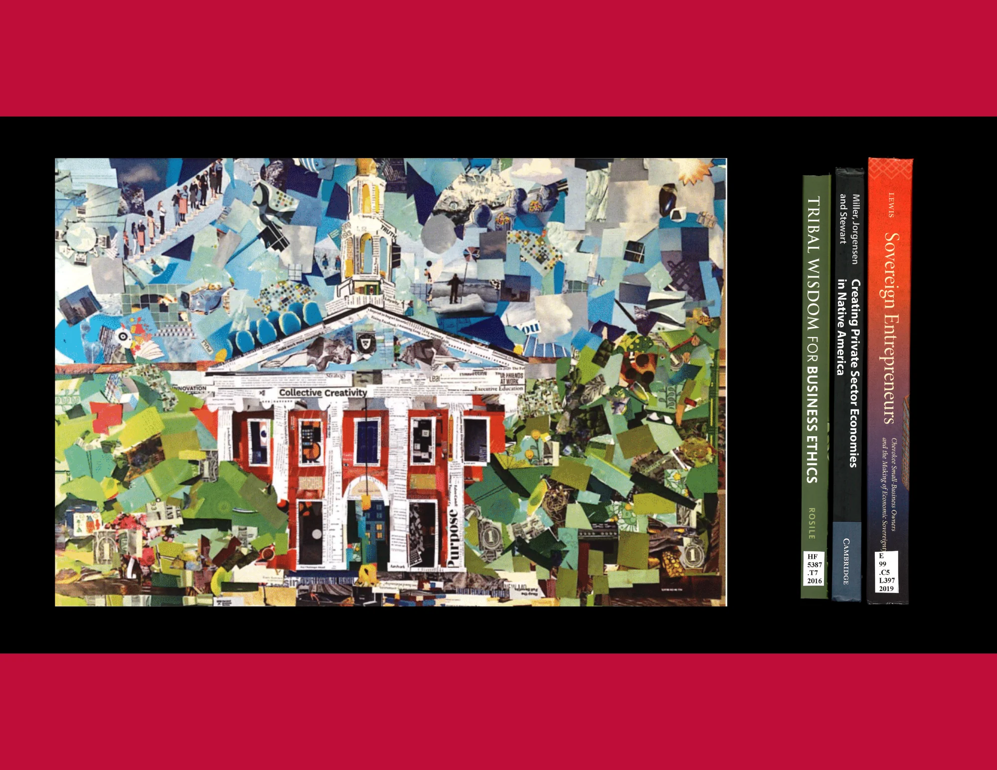 A collage of Baker Library's facade next to the spines of 3 books.