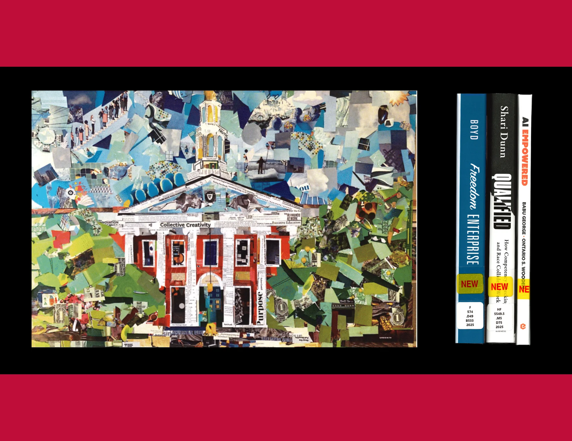A collage of the facade of Baker Library next to the spines of 3 books.