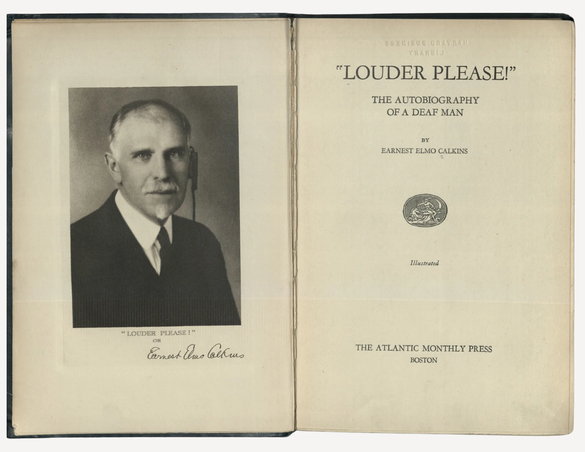 The frontispiece and title page of a book with the verso side featuring a portrait of Earnest Calkins in a suit and tie. The recto page contains the book's title and publishing information.