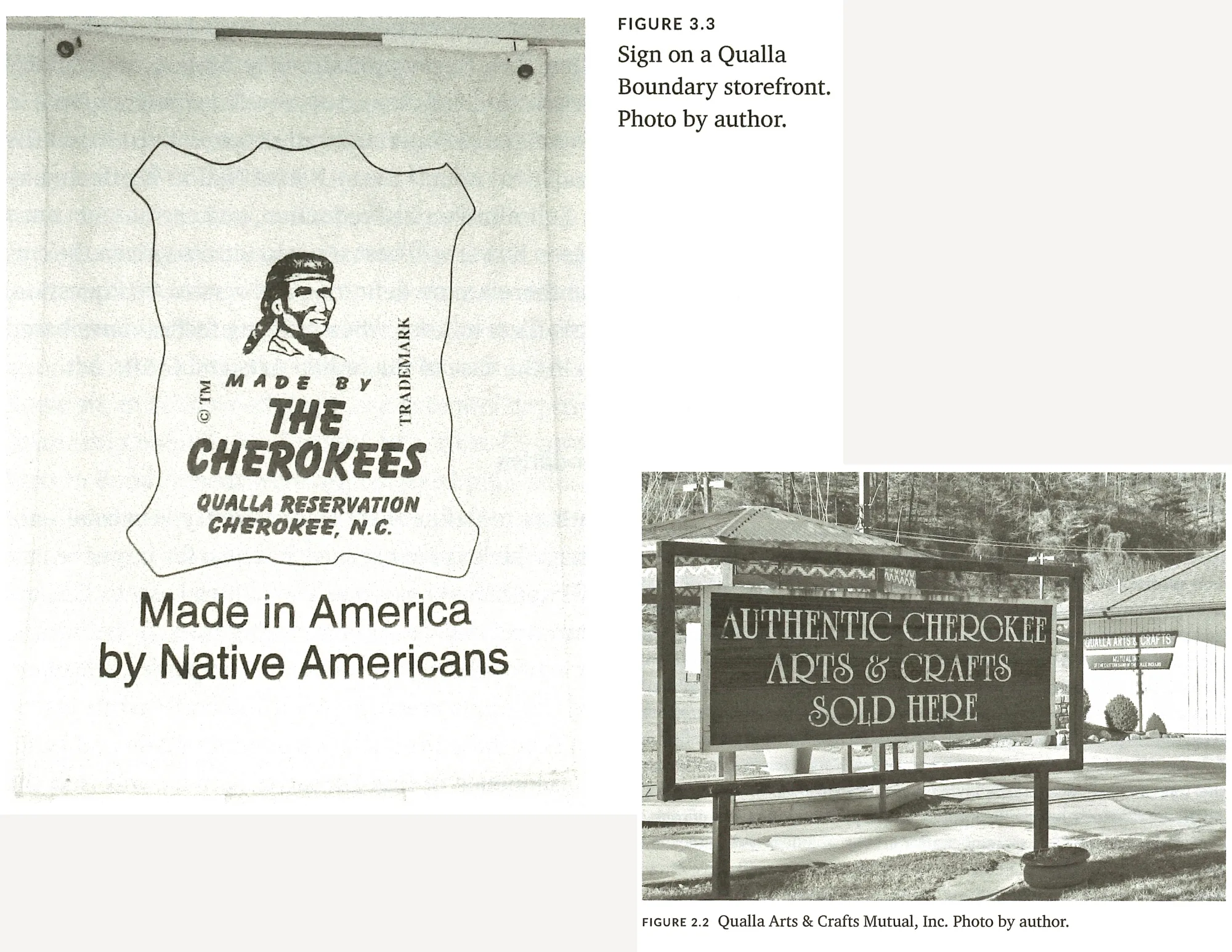 Two images side-by-side. On the left: a store sign with the face of an indigenous individual that says "made by the Cherokees". On the right: a wooden sign that says "authentic Cherokee arts & carfts sold here".