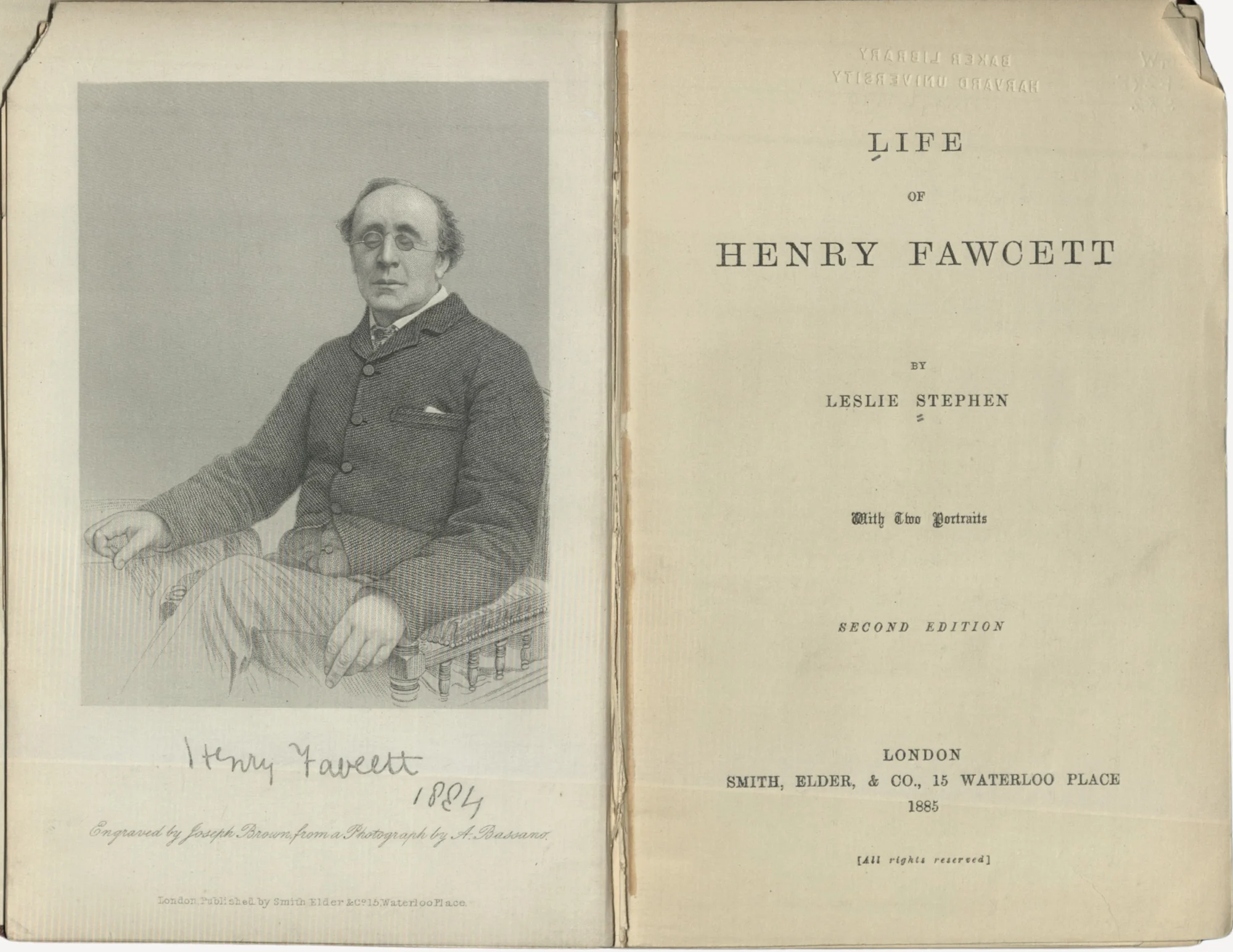 The frontispiece and title page of "Life of Henry Fawcett," which includes a portrait of Fawcett sitting with his legs crossed in a fine jacket.