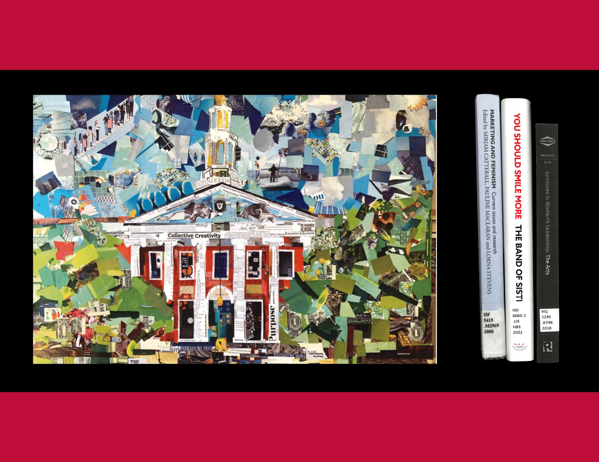 A collage of Baker Library's facade next to 3 books related to women and business.