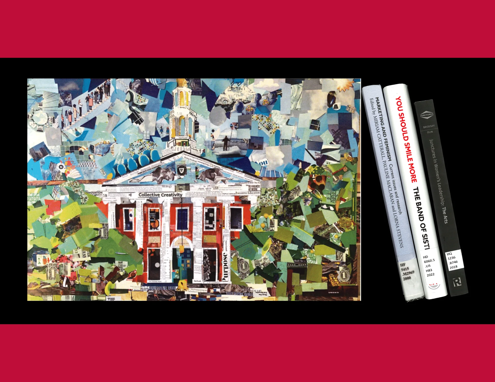 A collage of Baker Library's facade next to 3 books related to women and business.