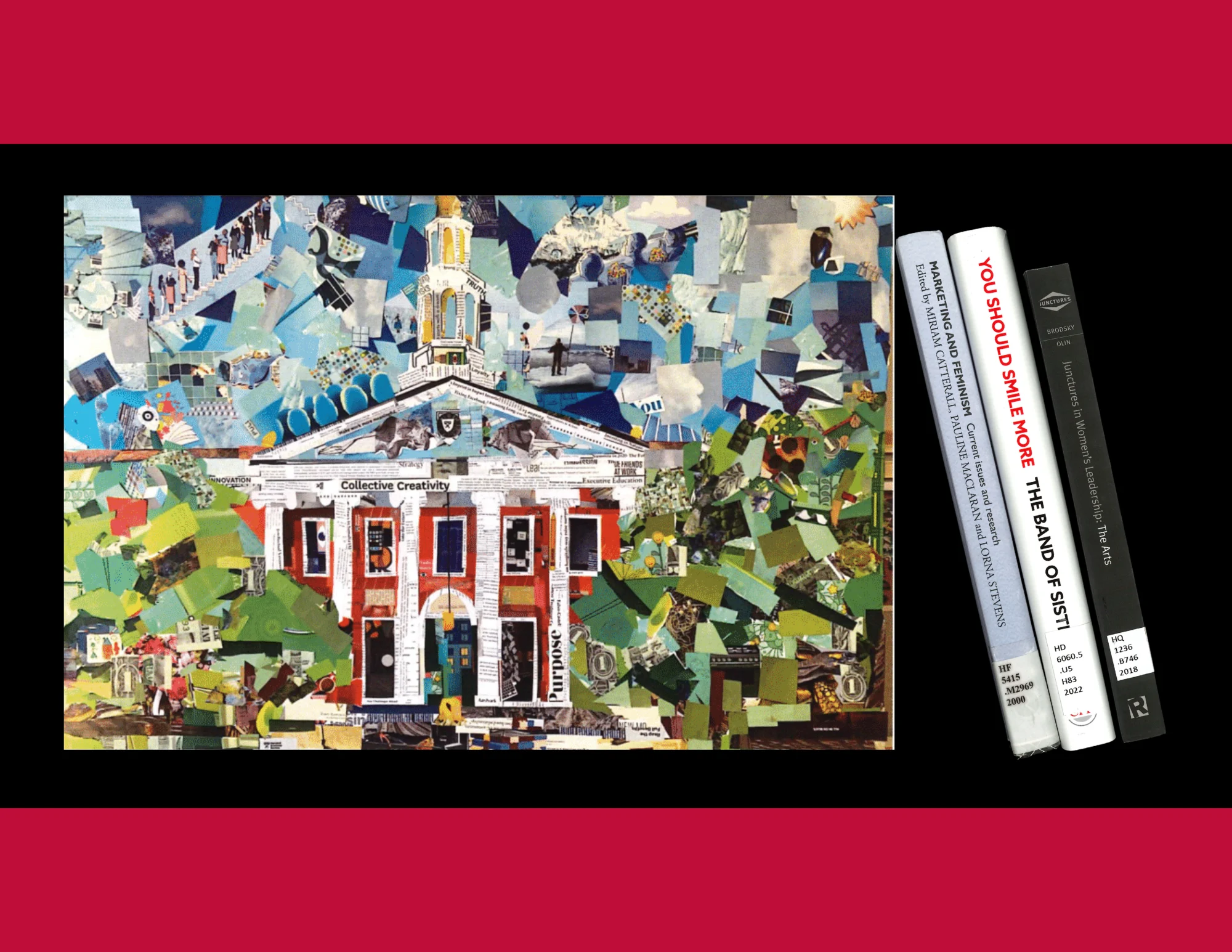 A collage of Baker Library's facade next to books related to women and business