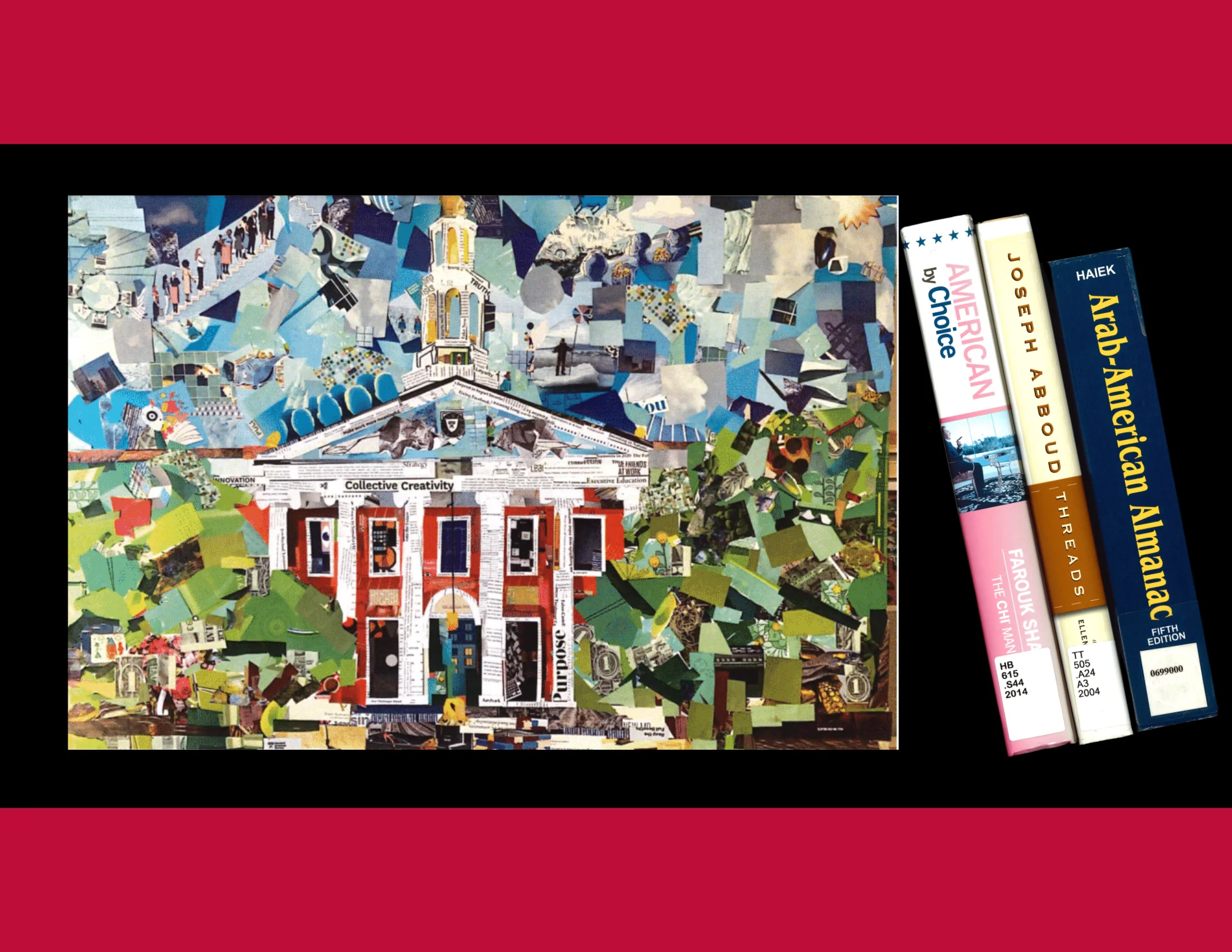 A collage of Baker Library's facade with books related to Arab Americans and business to the side.