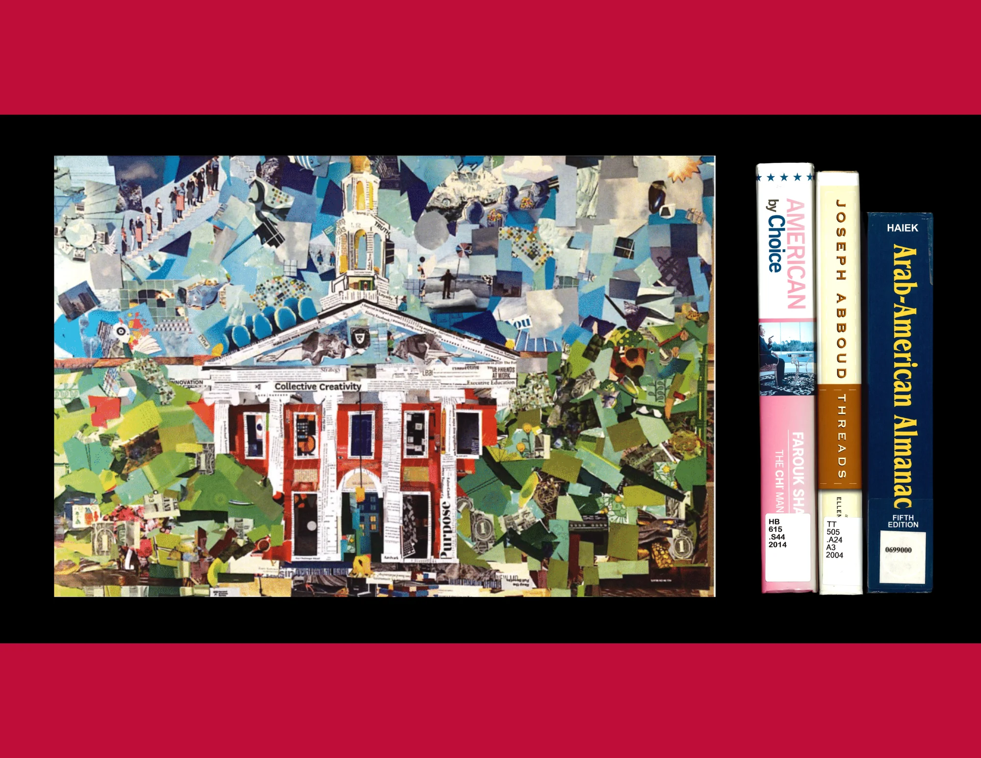 A collage of Baker Library's facade with books related to Arab Americans and business to the side.