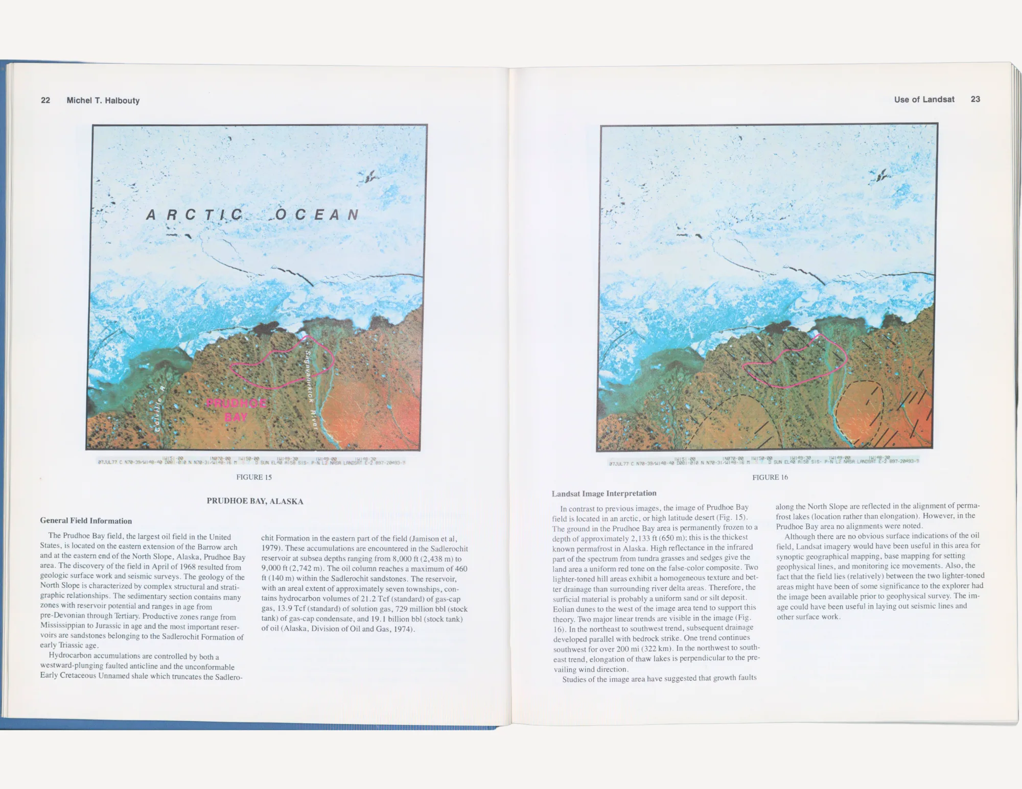Open pages of a book that include analytic text and the coast of Alaska: both land and the Arctic Ocean.