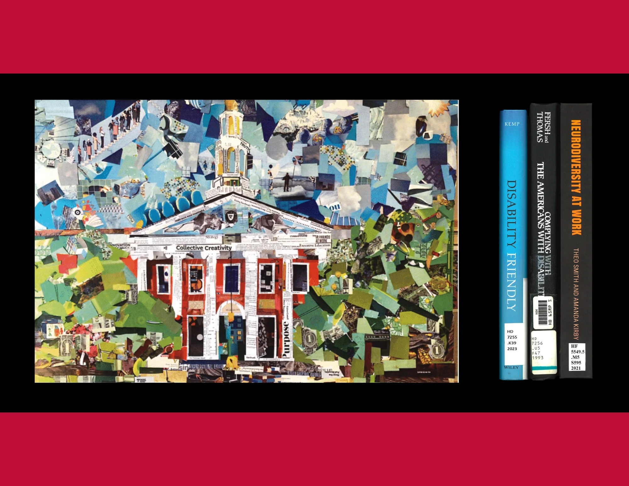 A collage of Baker Library next to three books.