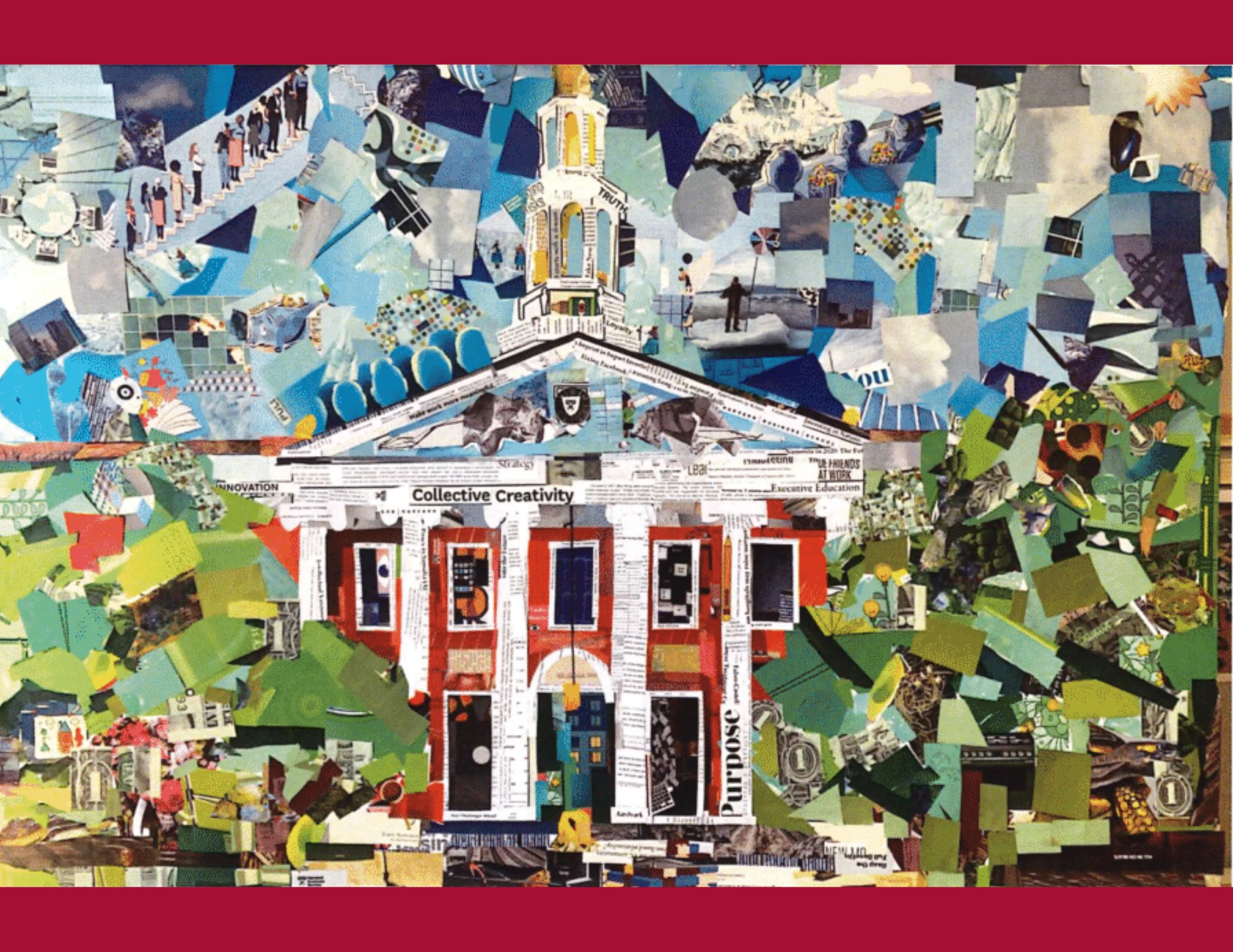 Baker Library's facade depicted in collage.