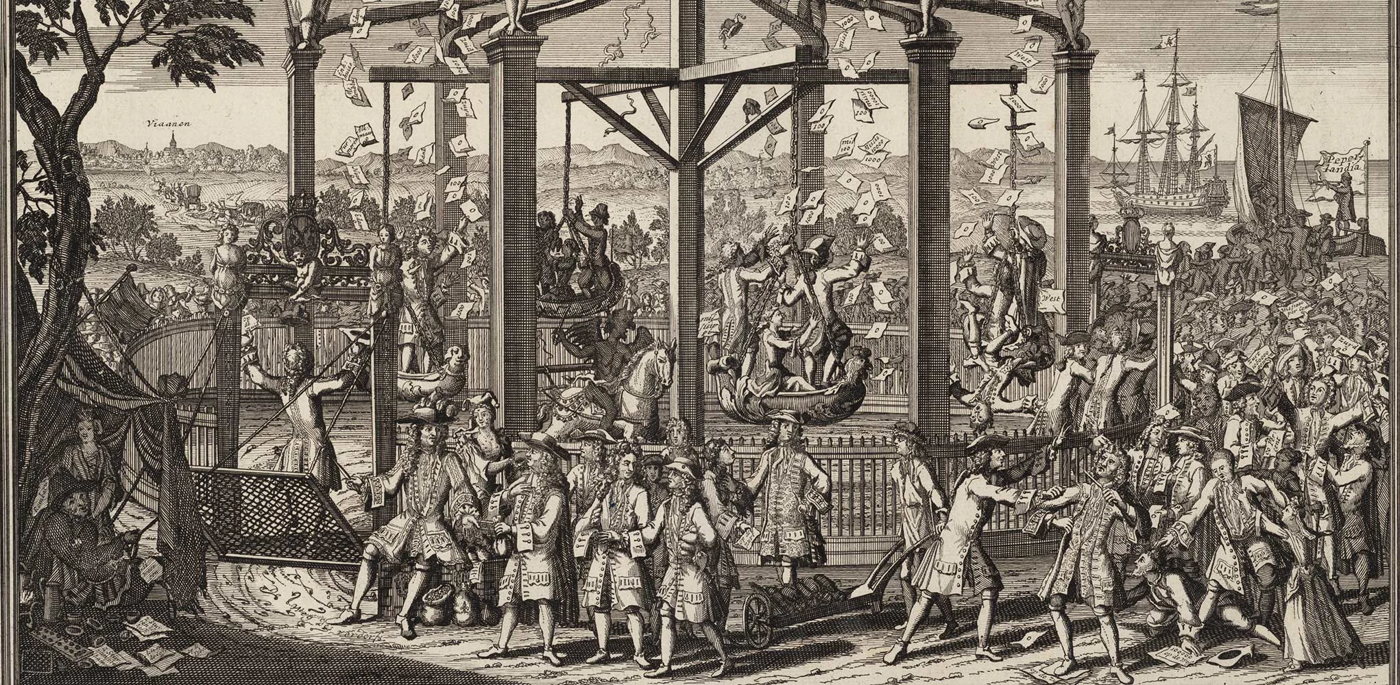 Engraving titled Het groote tafereel der dwaasheid (Amsterdam, 1720), showing crowds trading papers around a large structure symbolizing financial speculation and frenzy