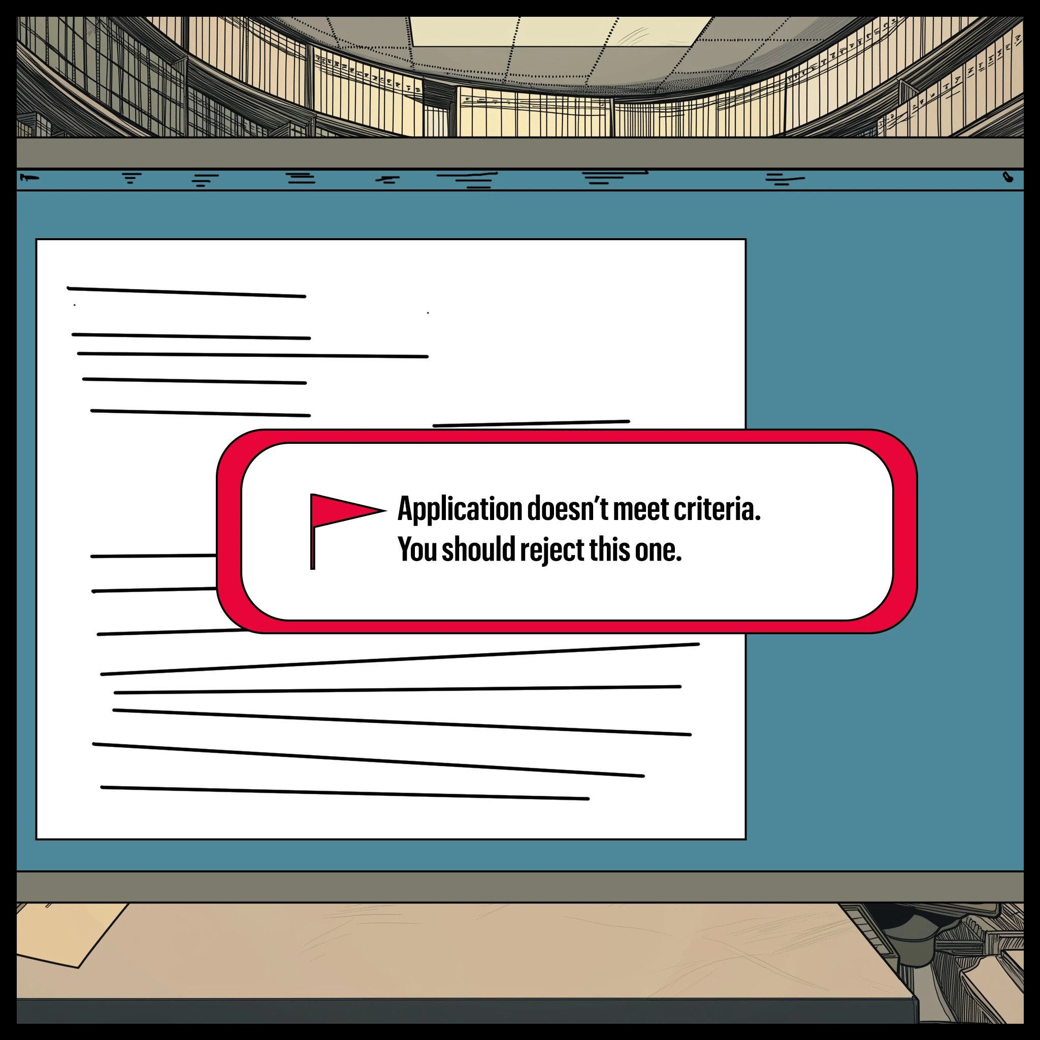 Panel 2: Computer screen alert: Application doesn't meet criteria. Reject this one.
