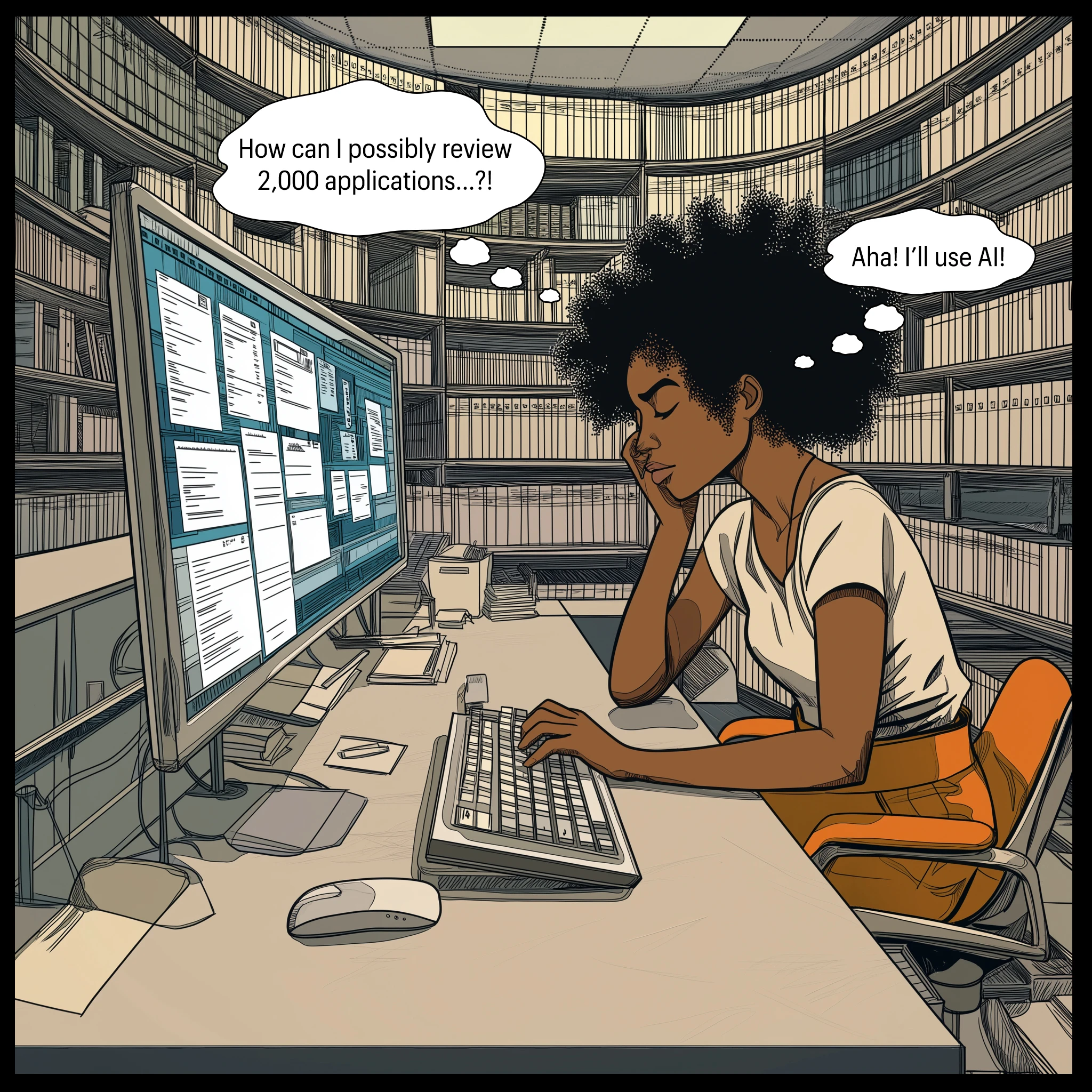  Panel 1: Woman: How can I possibly review 2,000 applications? I'll use AI! 