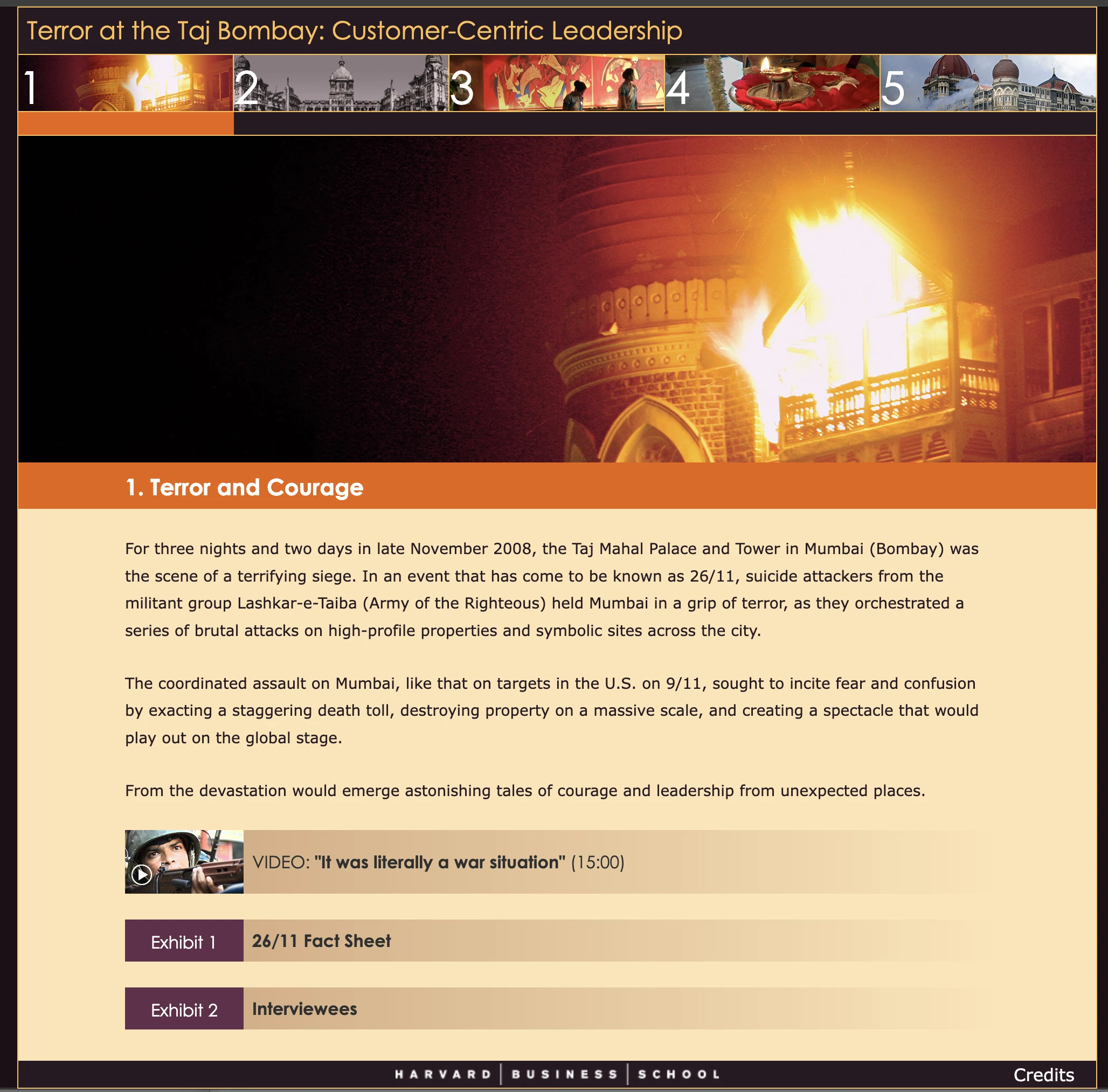 The homepage of the Terror of the Taj Bombay case study