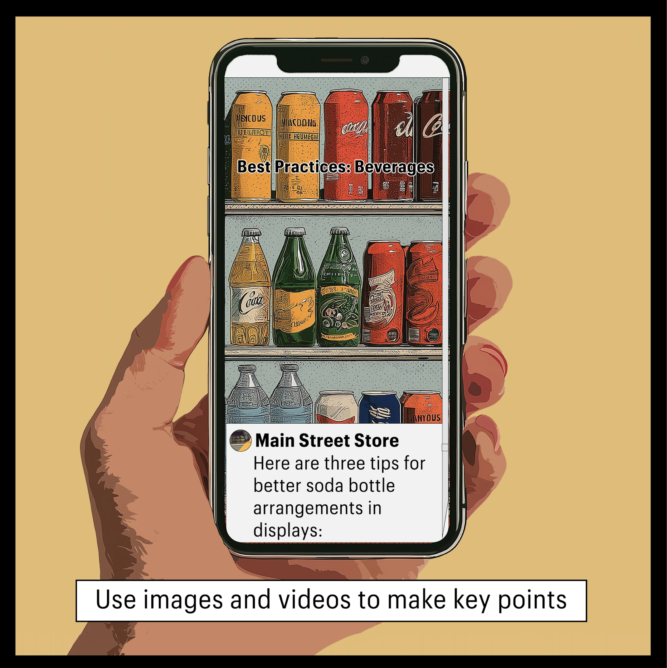 Close up on hand holding phone of shelved beverages in a post from Main Street Store: Best Practices: Beverages: Here are three tips for better soda bottle arrangements in displays.
