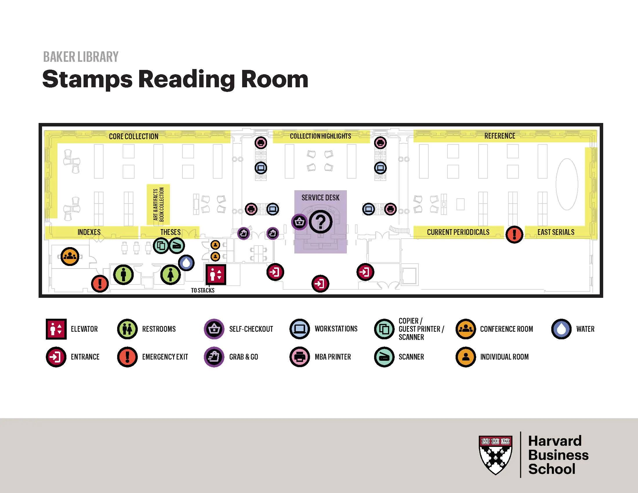 Stamps Reading Room Map showing layout of library reading room annotated to indicate seating arrangements, equipment, service desk, restrooms, and elivator access to library stacks.